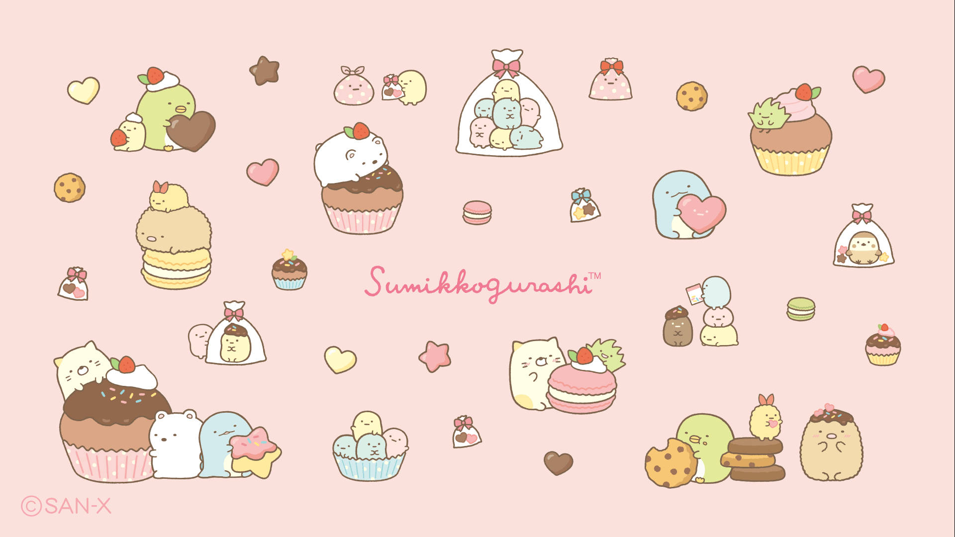 Sumikkogurashi角色與甜品和心形圖案在粉紅色背景上