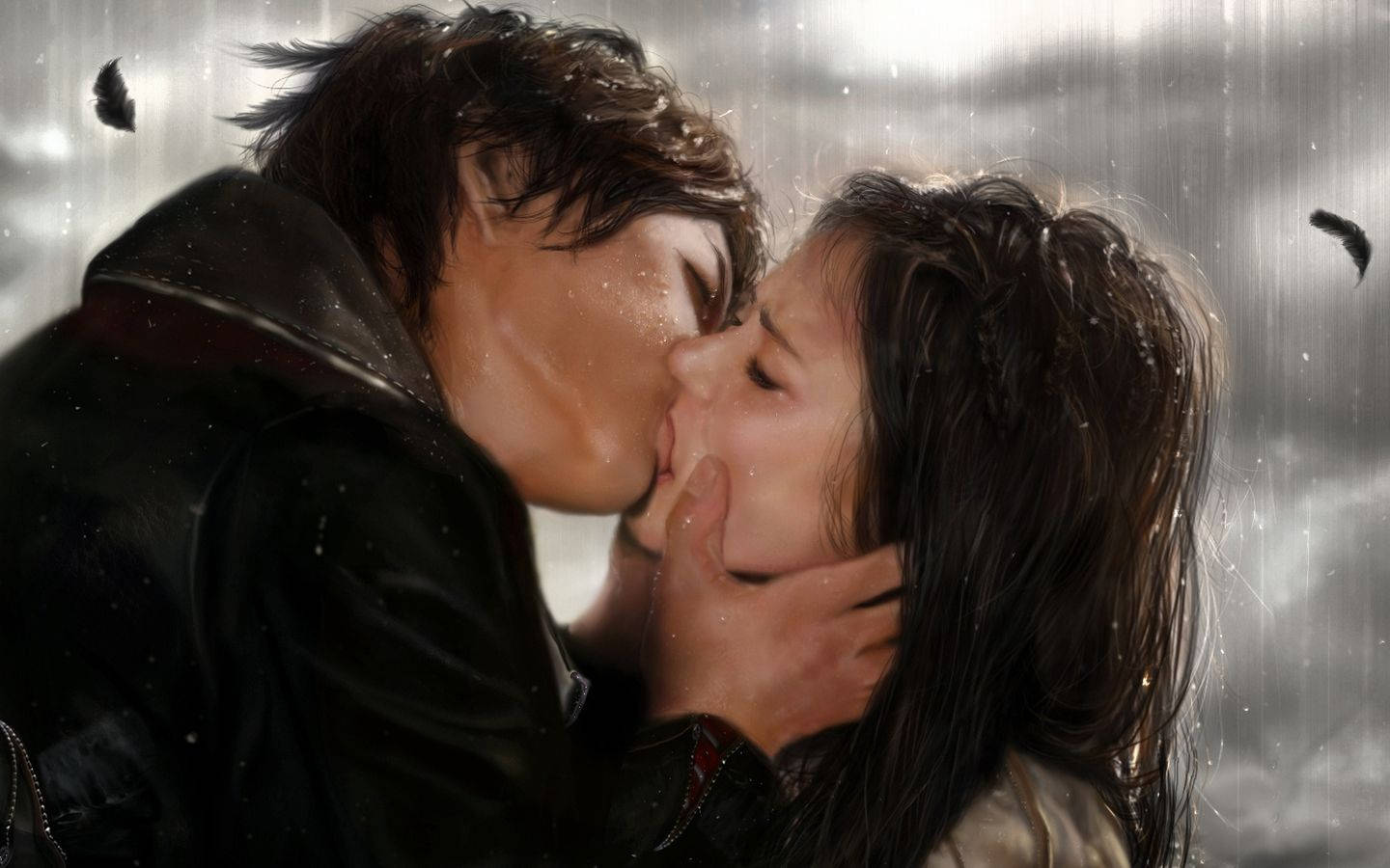 一對情侶在雨中熱吻，羽毛飄落。