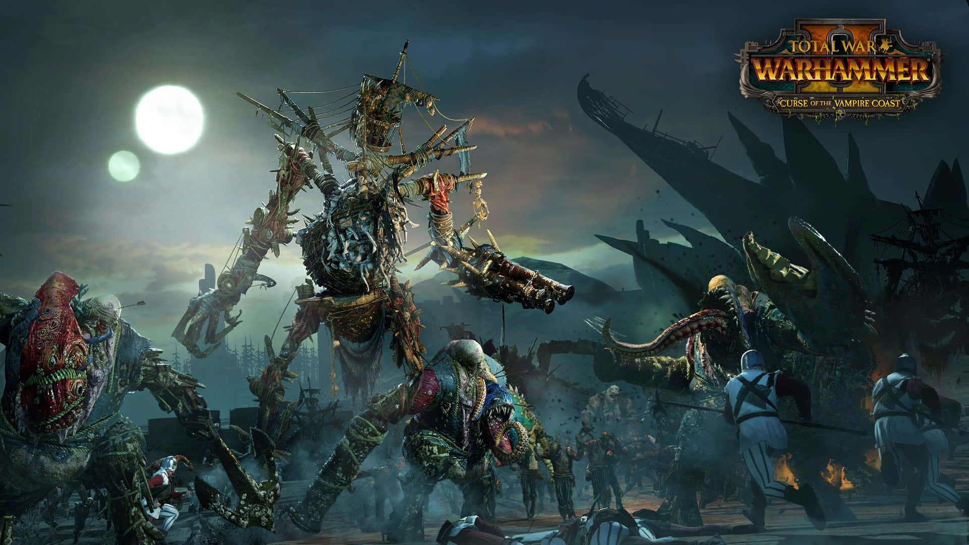 吸血鬼海岸詛咒 1920x1080 Total War Warhammer 背景 壁紙 — 巨大的怪獸戰獸和裝甲戰士在雙月下於黑暗奇幻戰場上交戰。