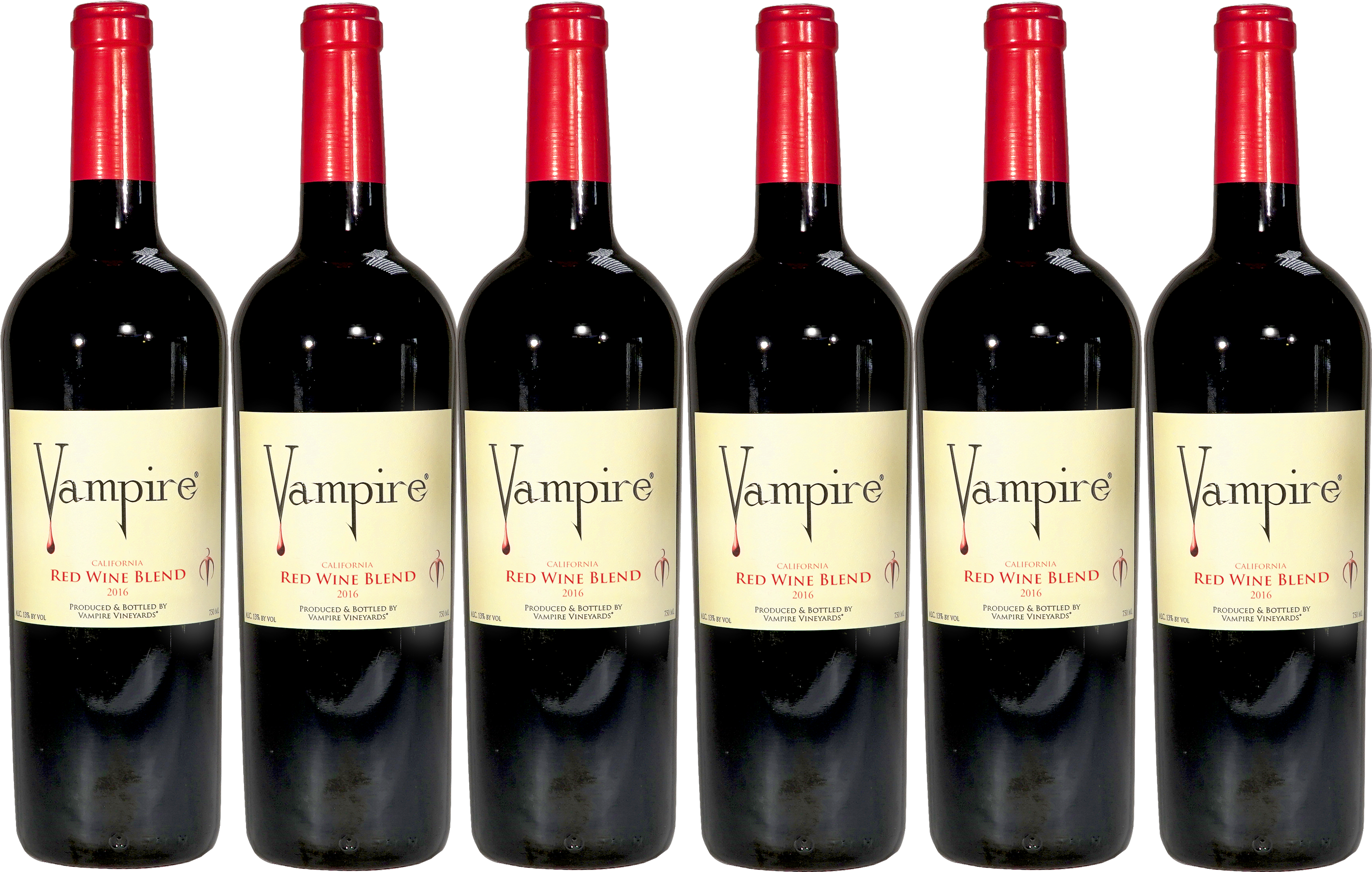 吸血鬼紅酒混合瓶裝 壁紙 — 六個相同的Vampire Red Wine Blend酒瓶，帶紅色瓶蓋，在黑色背景前排成一排。