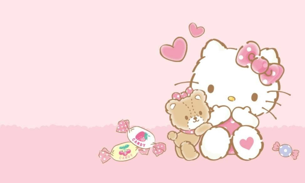 Hello Kitty 攬住泰迪熊，周圍有糖果同心形。 — Hello kitty 美學 GIF 壁紙