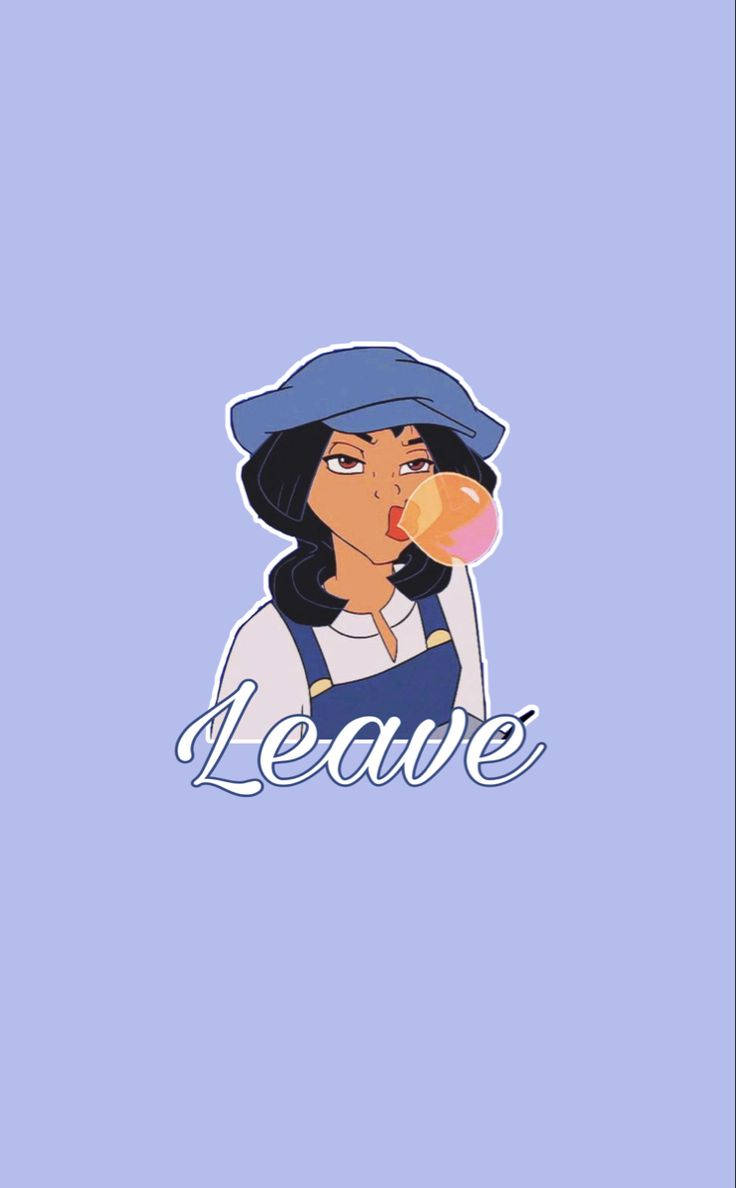 戴藍色貝雷帽的動漫女孩吹粉紅色泡泡糖泡泡，下方有「Leave」文字。