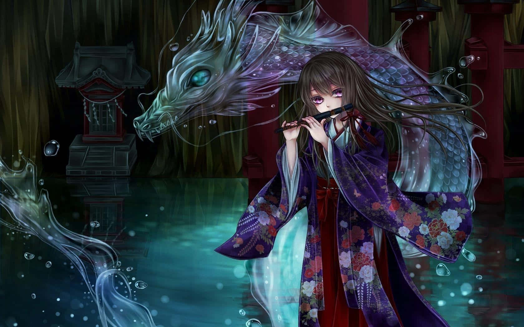 吹笛少女與中國風水龍 壁紙 — 一位穿著花卉和服的年輕動漫女孩吹奏長笛，一條發光的龍從神社旁的水中出現。