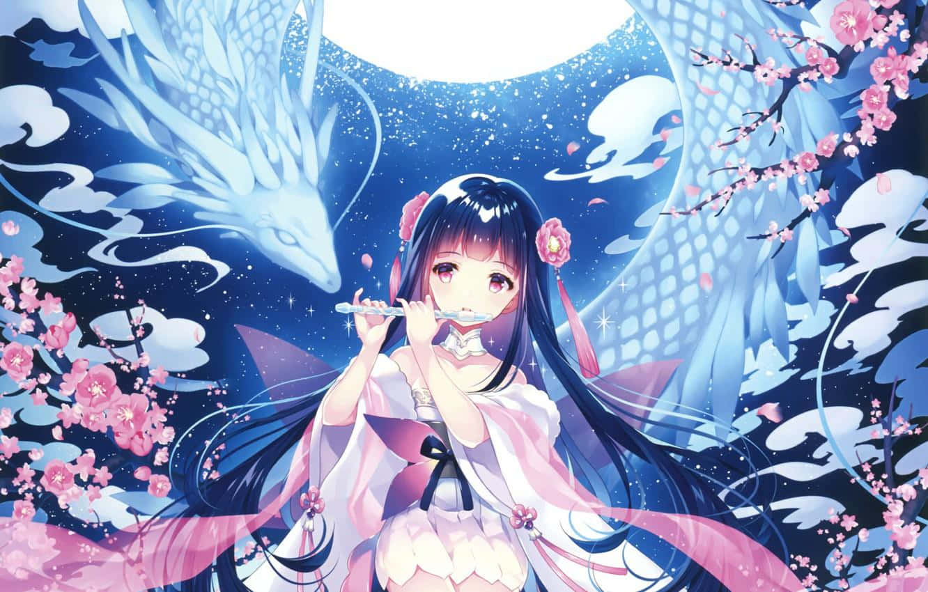 吹笛精靈魅惑白龍 壁紙 — 一位穿著粉紅色和服的年輕動漫女孩在滿月下吹奏笛子，一條白龍和櫻花環繞著她旋轉。