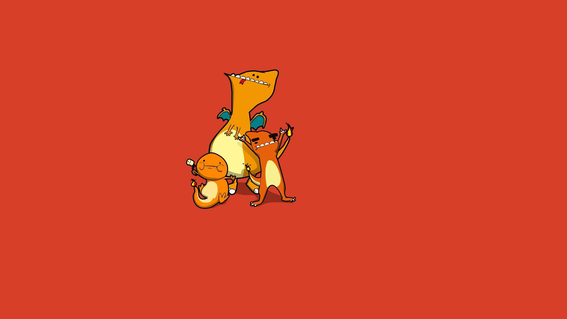 呆萌小火龍 1920 x 1080 簡約壁紙 壁紙 — 三個卡通寵物小精靈角色以俏皮的表情站在純紅色背景前。