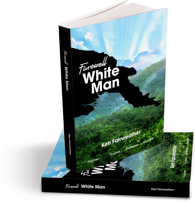 《告別白人》書封面 壁紙 — 一本名為 Farewell White Man 的書，封面展示了一個在明亮藍天白雲下的茂密綠色山谷。