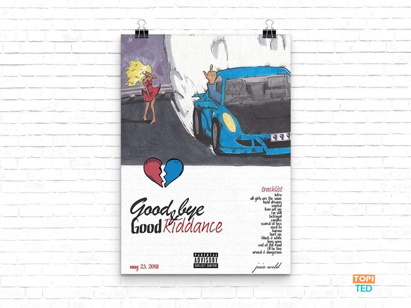 Juice WRLD專輯《Goodbye Good Riddance》的海報，有藍色汽車和金髮女郎。