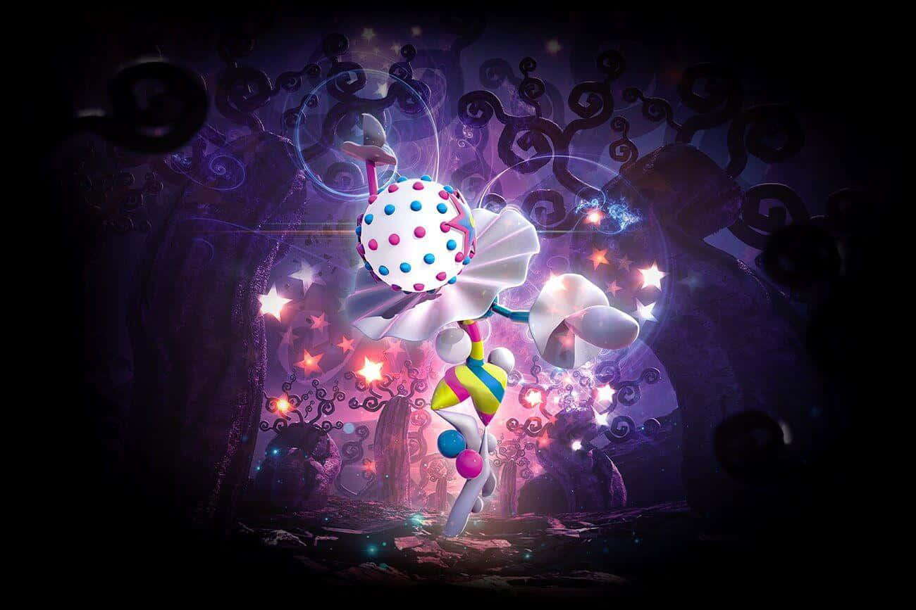 一個發光的奇幻角色在黑暗魔法森林中起舞，周圍有閃爍星星和旋轉藤蔓。