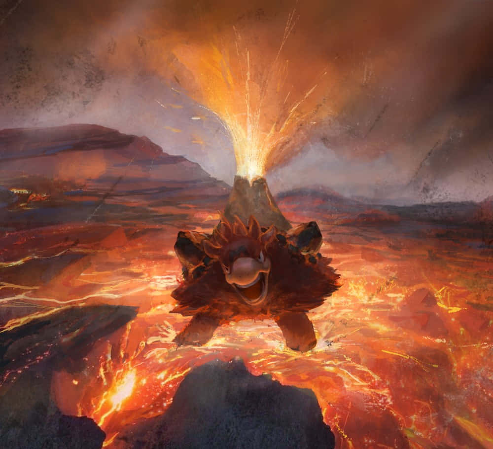 火山在背後爆發時，一隻生物站在熔岩中。