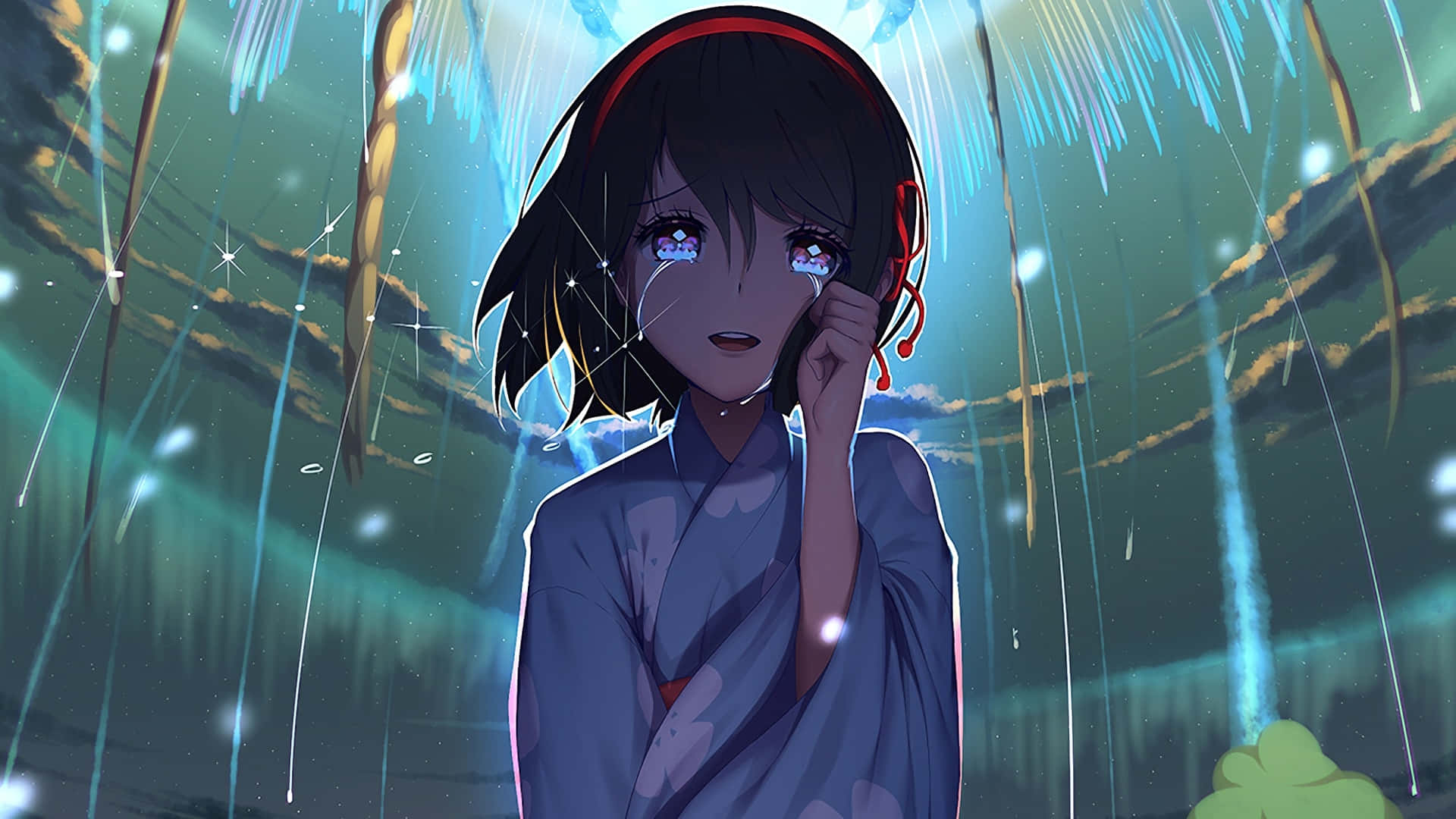 周圍閃爍星光的夢幻動漫少女 壁紙 — 一個穿著藍色和服的年輕動漫女孩在神奇的極光下哭泣，周圍有發光的條紋和閃爍的粒子。