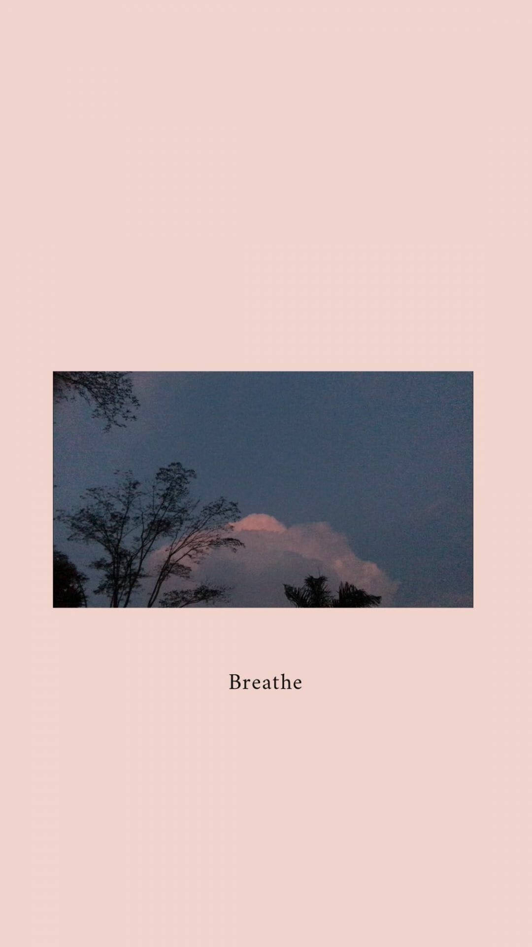 剪影樹木框住黃昏時的粉紅色雲朵，下方中央有「breathe」一詞。