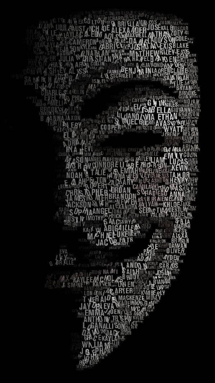 呼喚字體黑客面具 壁紙 — 一個人的剪影，由不同字體大小的重疊名字在黑色背景上形成。