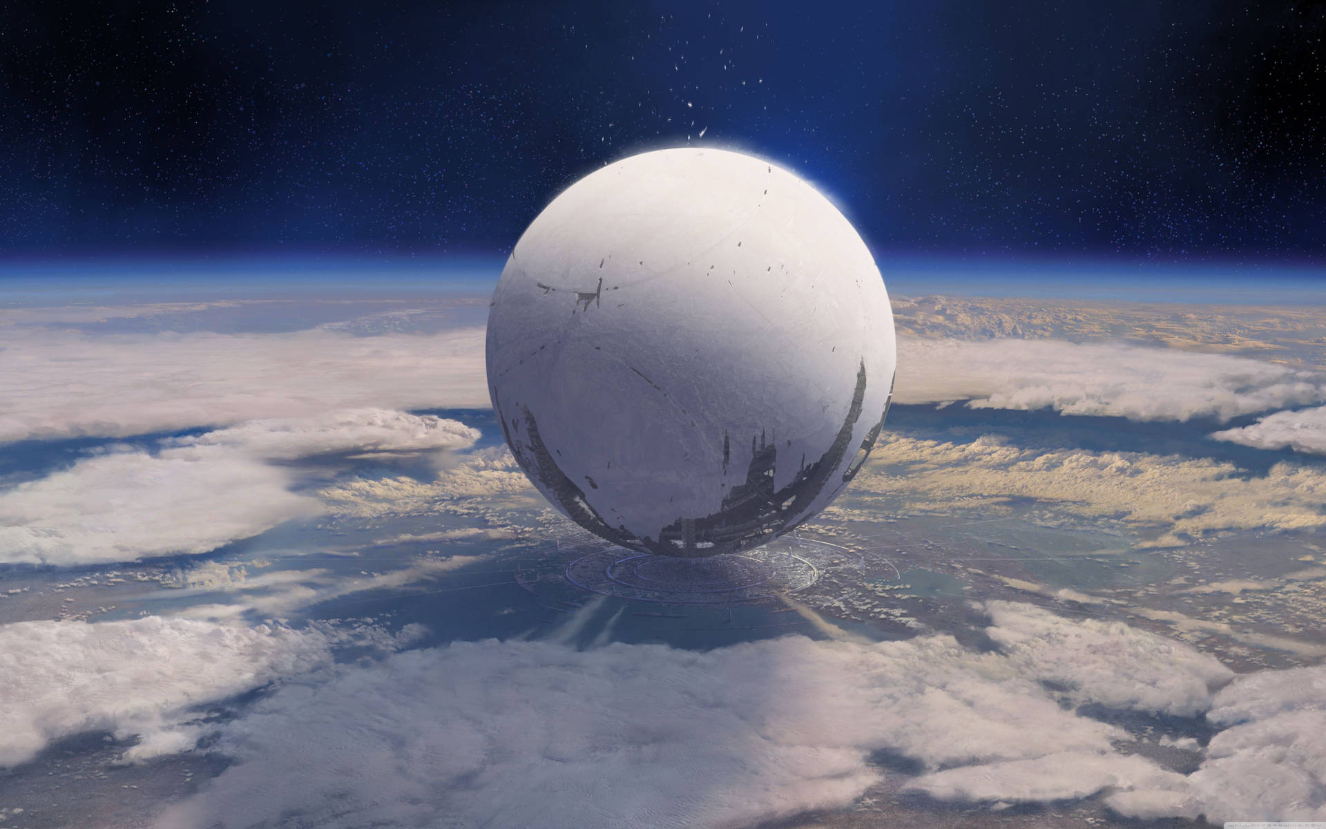一個發光的白色球體在星空下漂浮在地球的雲層之上。