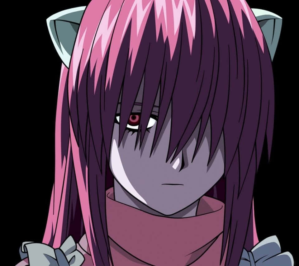 擁有粉紅色和紫色頭髮和貓耳朵的動漫女孩在黑色背景前嚴肅地凝視。