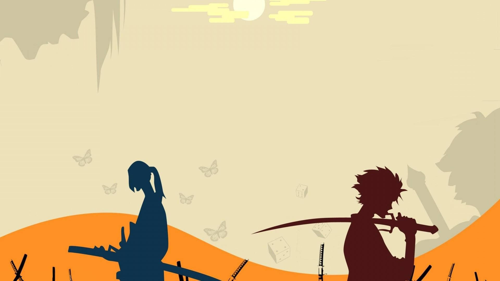 兩個動漫武士剪影站在沙漠中，蝴蝶在他們周圍飛舞。