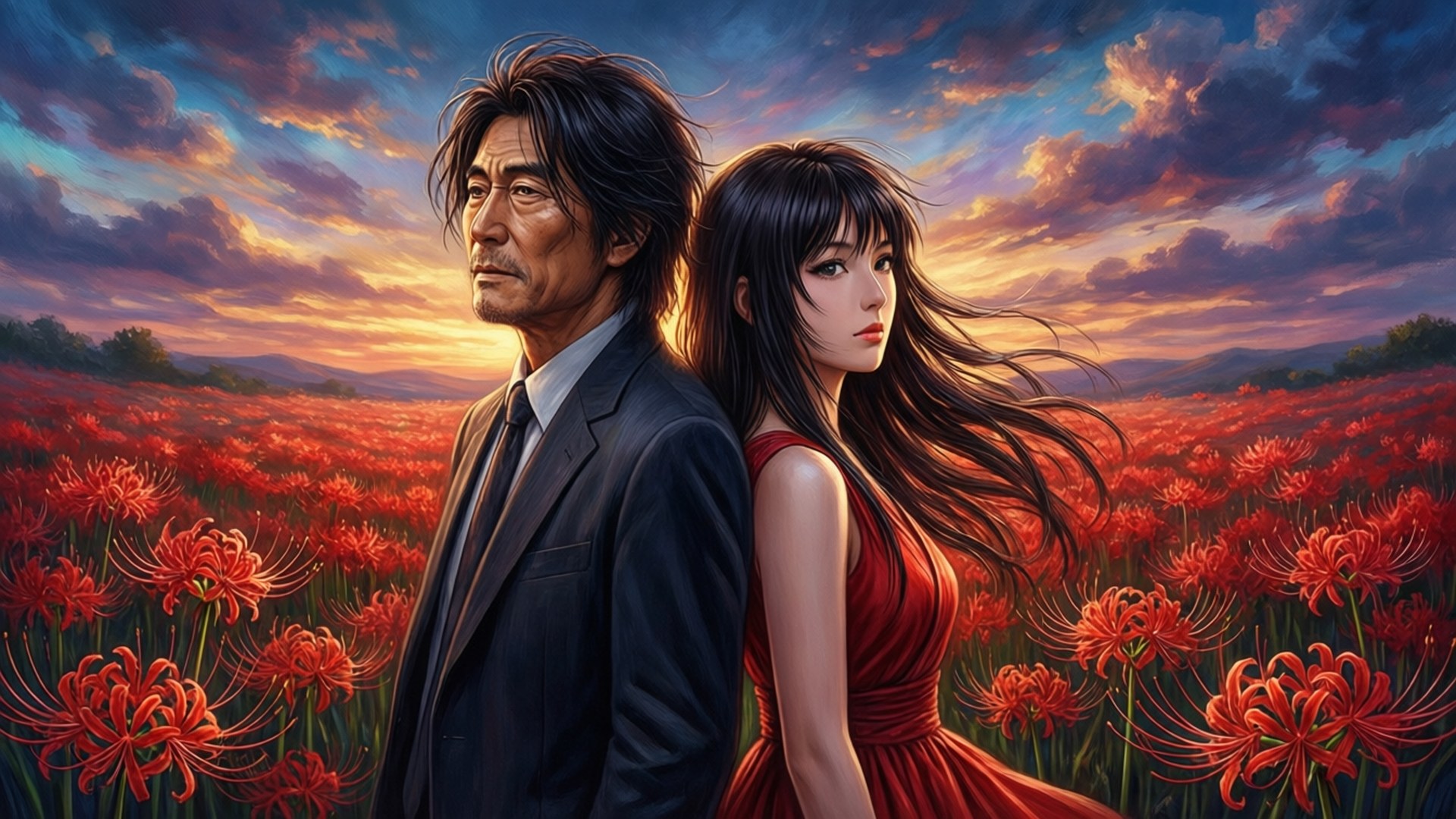 命運之花田 壁紙 — 一男一女背對背站在紅蜘蛛百合花田中，背景是戲劇性的日落天空。
