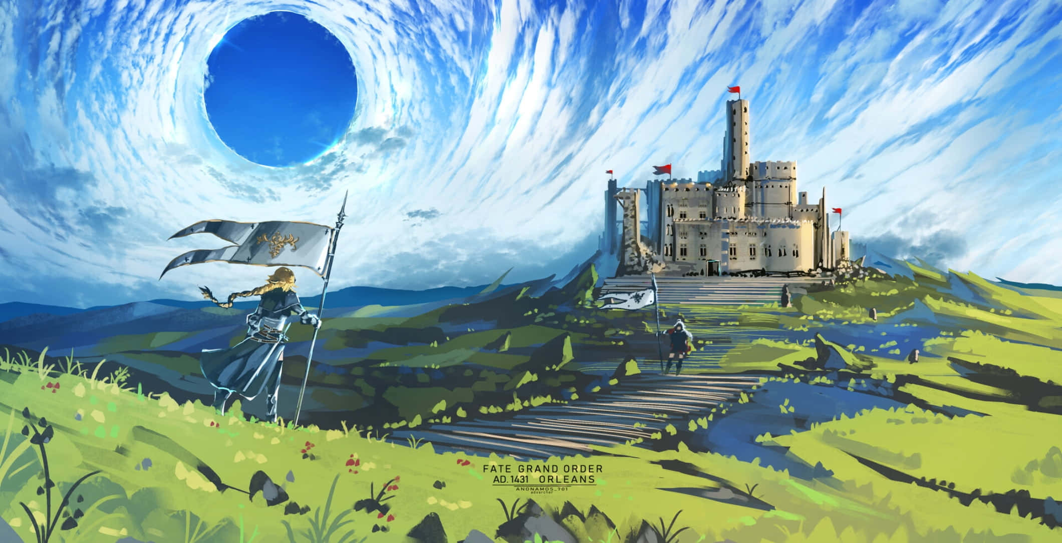 命運交織 —— 探索並掌控 Fate Grand Order 的終極命運 壁紙 — 一名騎士手持旗幟，站在宏偉城堡前，天空漩渦中有一個大藍洞。