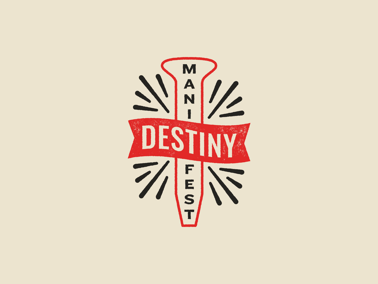 Mani Destiny Fest 標誌，在米色背景上帶有紅色橫幅和黑色射線。