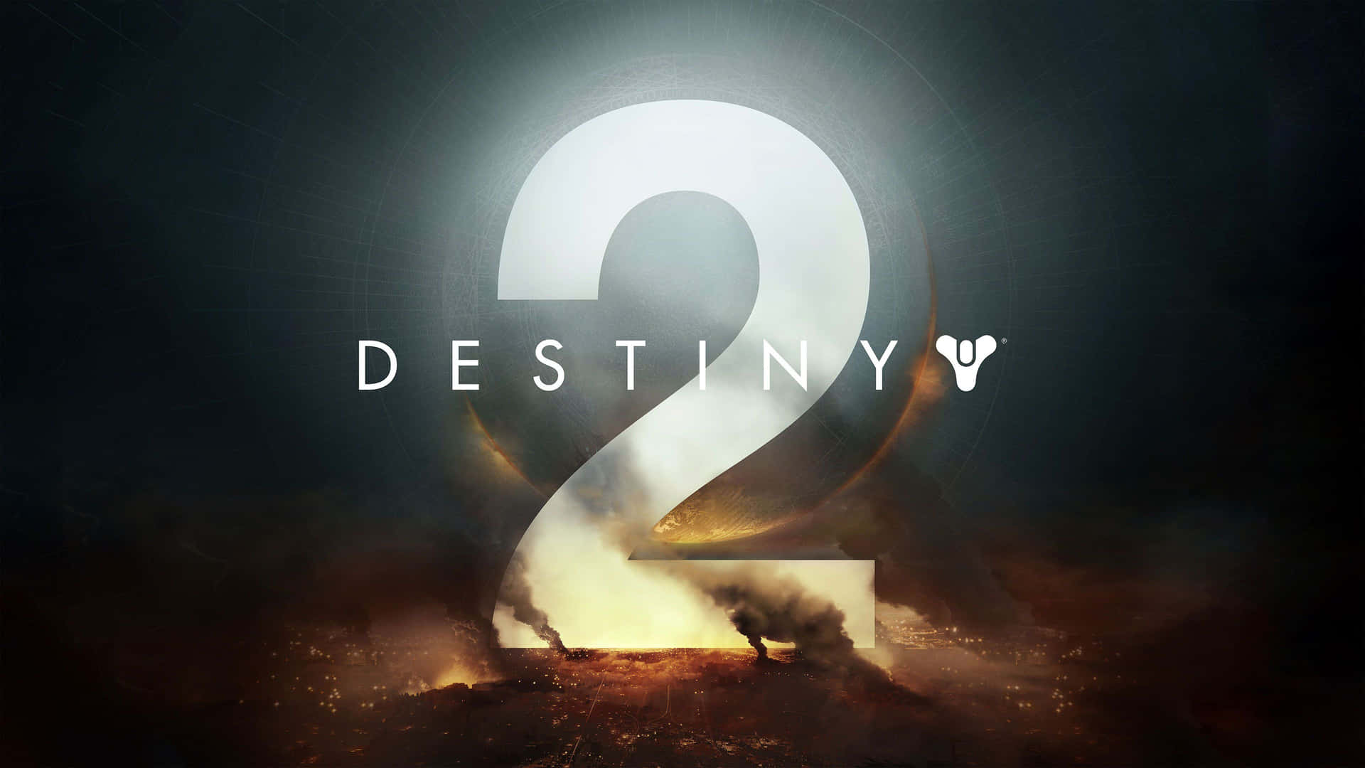 Destiny 2 標誌在燃燒的戰場上方發光。
