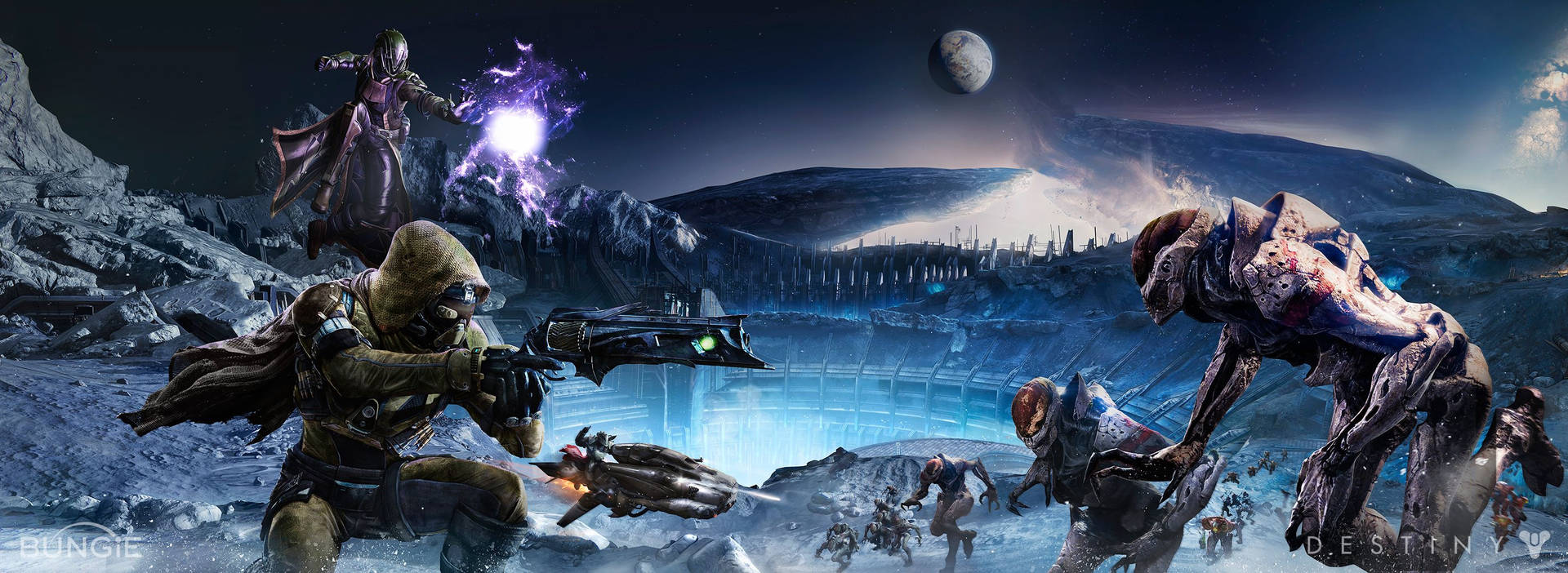 戰士們在月光下於一個被雪覆蓋的外星行星上與外星怪物戰鬥。