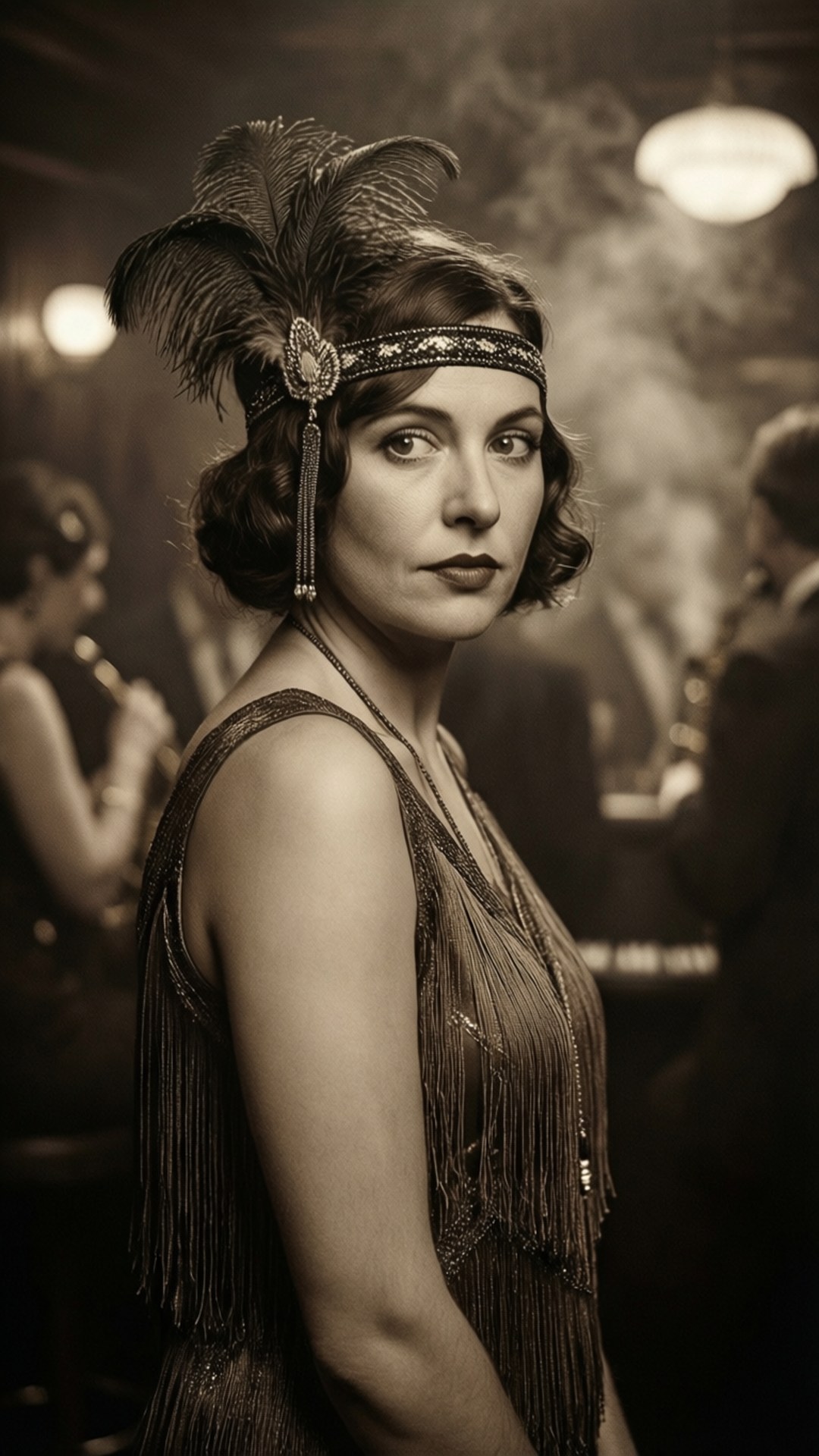 在煙霧繚繞的地下酒吧中，穿著 1920 年代 flapper 連衣裙、戴著羽毛頭帶的女性。