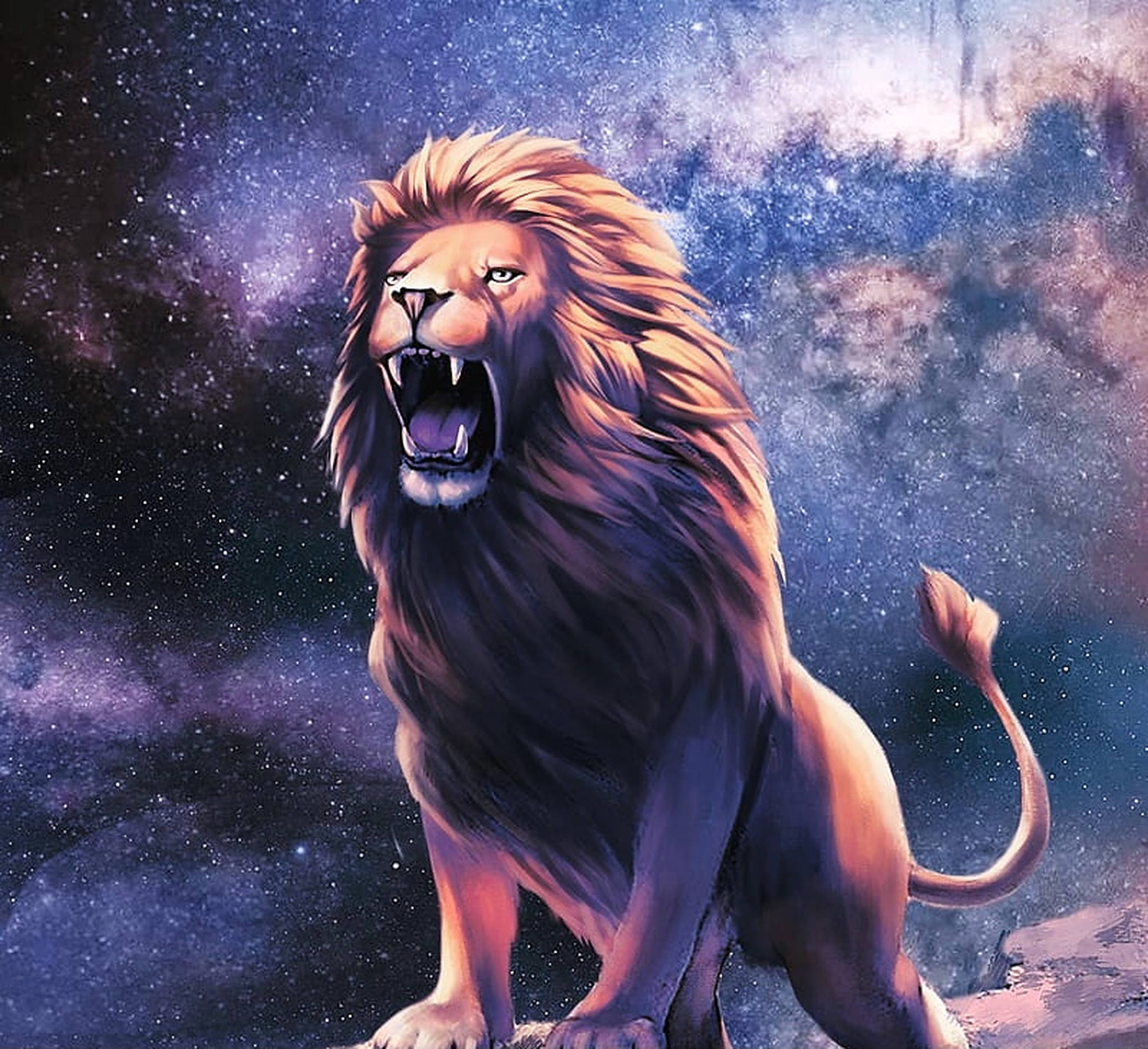 咆哮星系獅子 壁紙 — 一頭雄獅在充滿星星和星雲的鮮豔宇宙背景下猛烈咆哮。