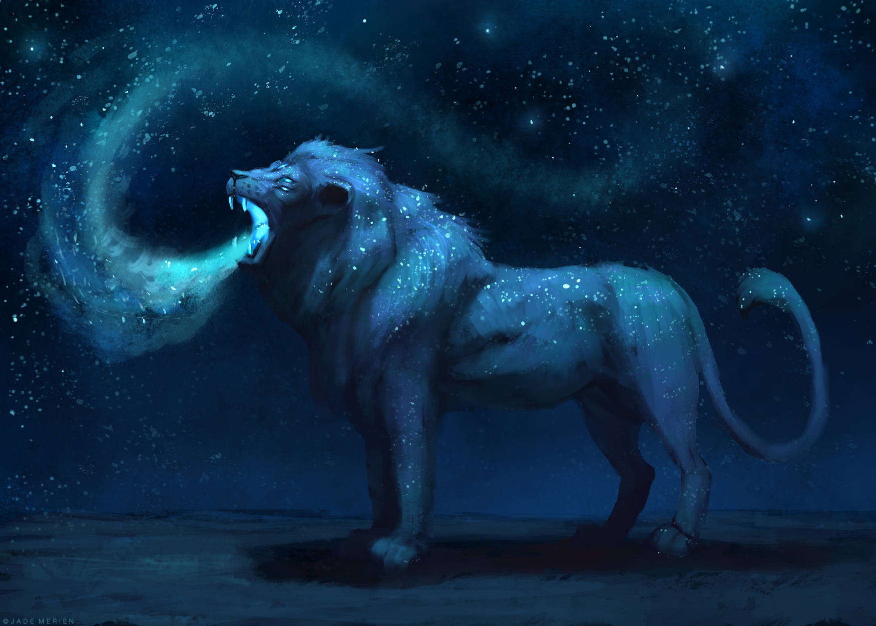 咆哮星系獅子藝術 壁紙 — 一頭由星星組成的雄偉獅子在宇宙夜空下咆哮，呼出一團旋轉的發光藍色能量星雲。