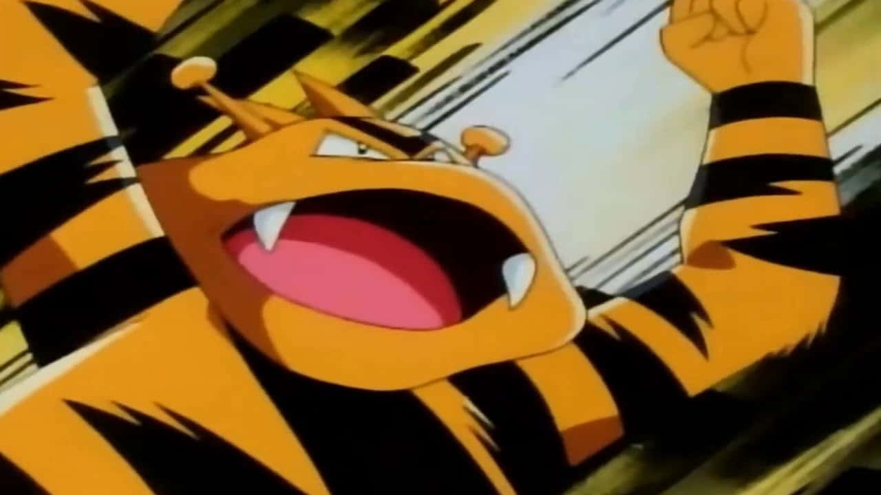 咆哮的 Electabuzz 壁紙 — 一隻兇猛的卡通老虎寶可夢對著黃黑條紋背景咆哮，並舉起一隻拳頭。