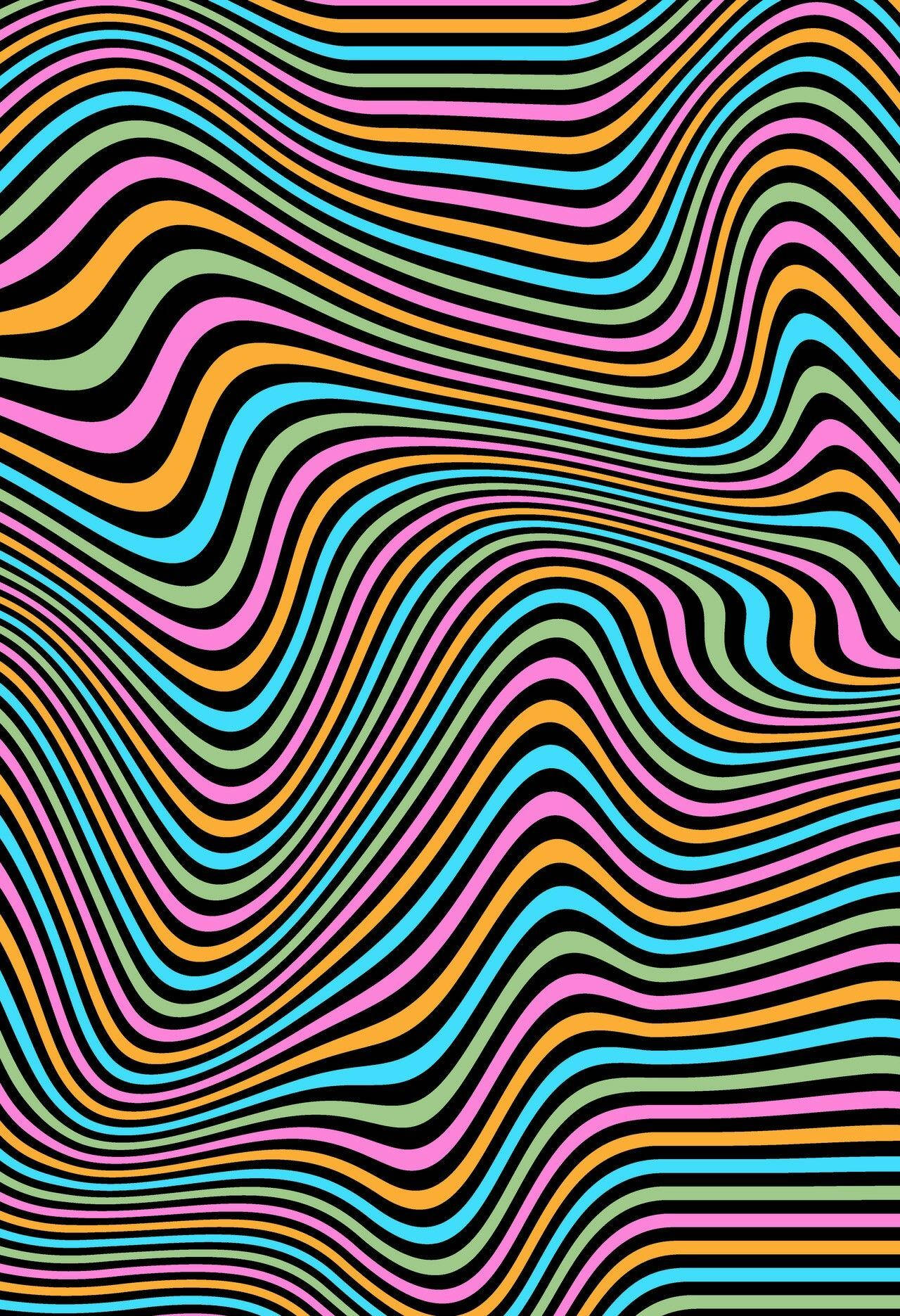 「和平、愛與幸福——大地美學」 壁紙 — 充滿活力的霓虹色波浪條紋營造出迷幻的視錯覺效果。