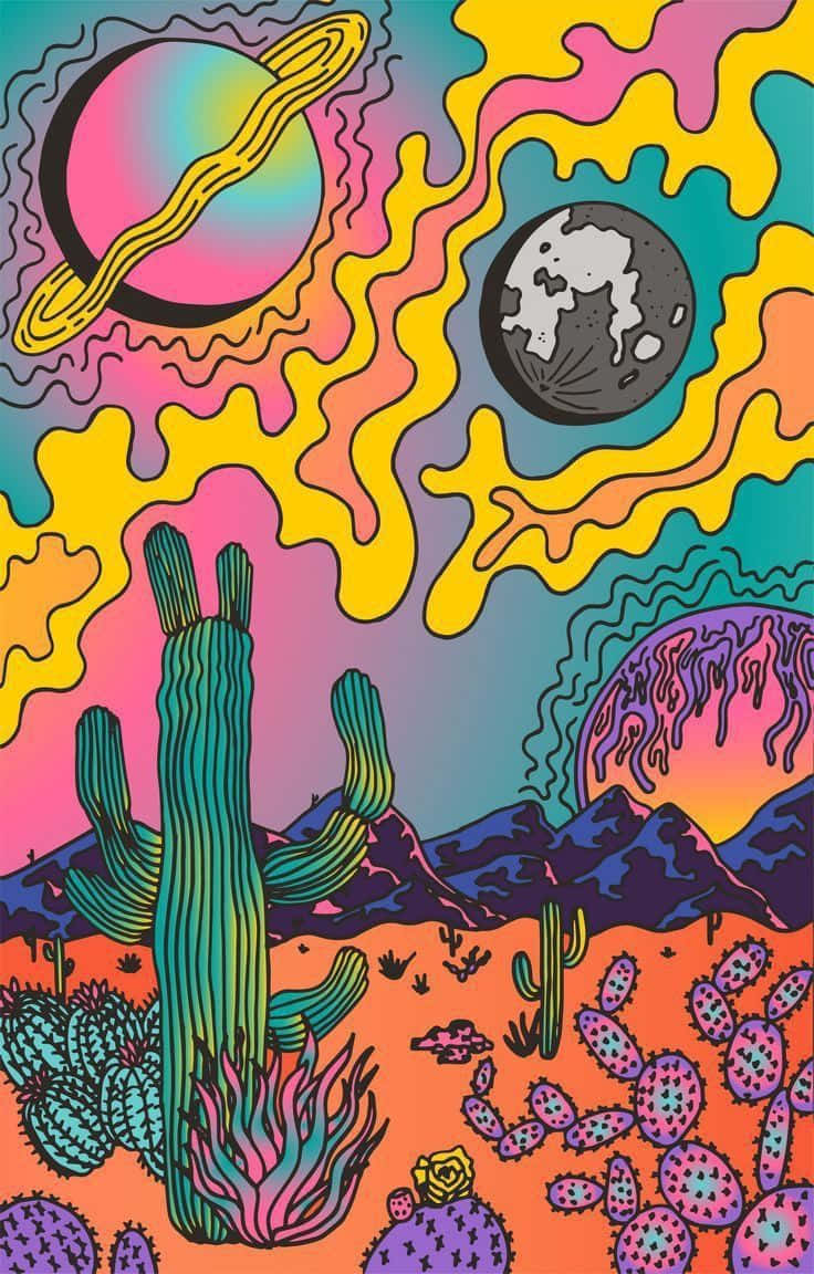 超現實天空下，發光仙人掌和宇宙行星的迷幻沙漠。
