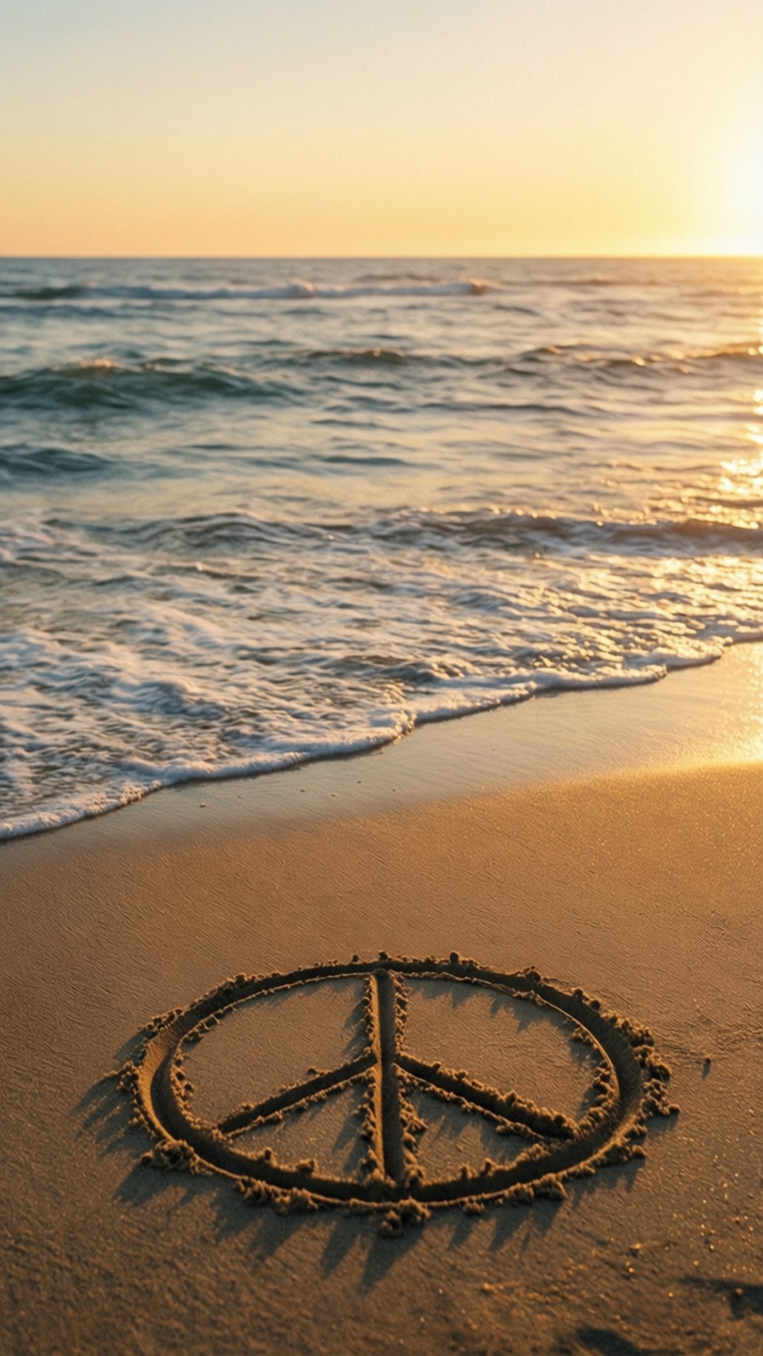 和平海灘日落 壁紙 — 在金色陽光下，夕陽時分在濕沙上畫出的和平符號，伴隨著輕柔的海浪。