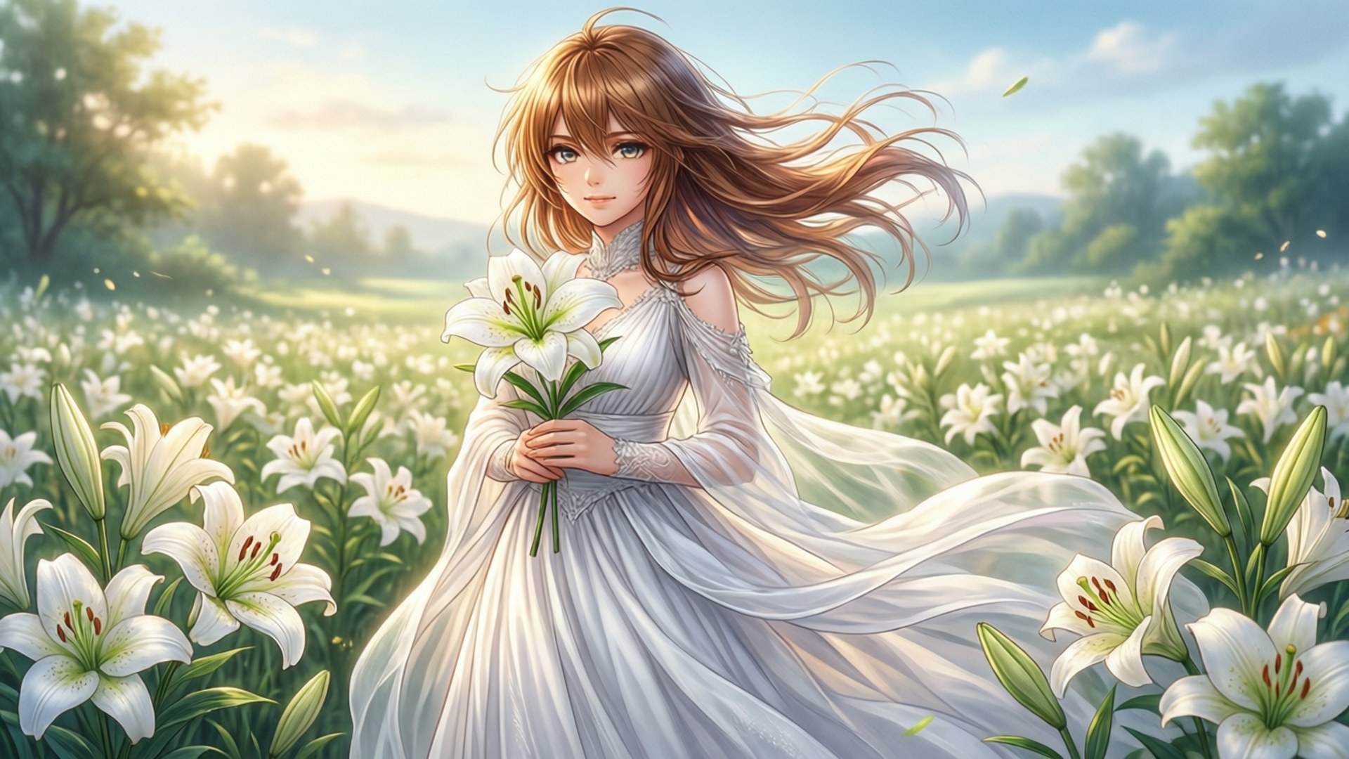 動漫女孩穿白色連衣裙在陽光花園中手持百合