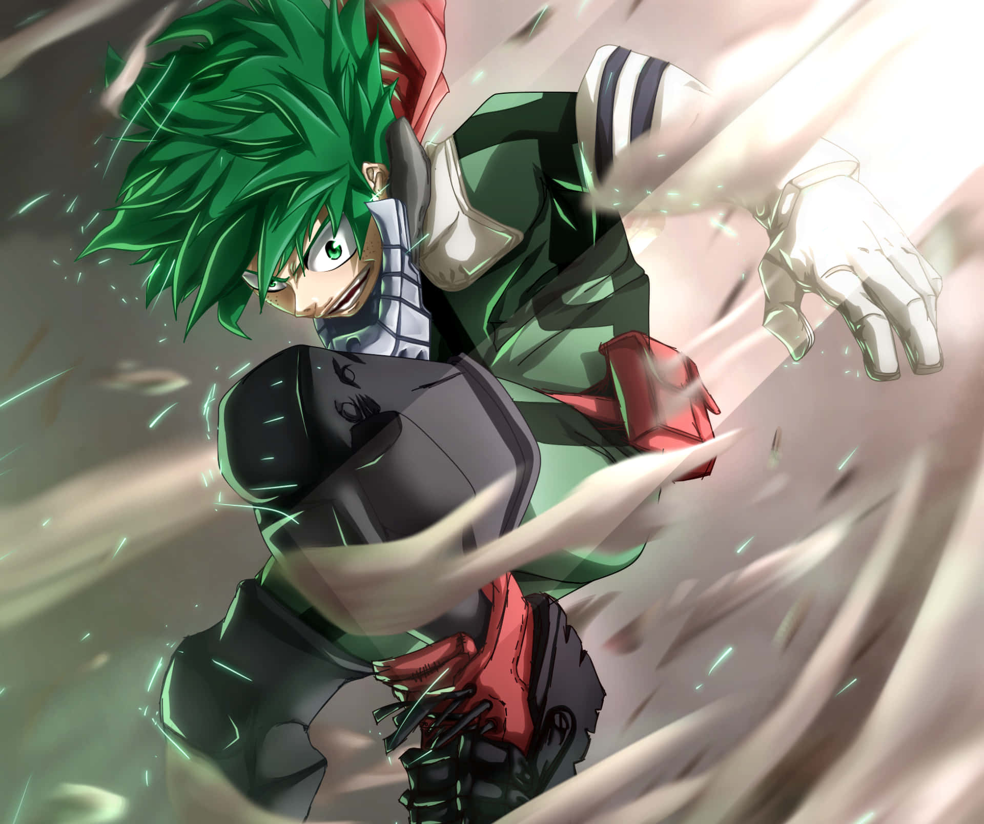和平的象徵：All Might 壁紙 — 一位綠髮動漫英雄，以動態戰鬥姿勢呈現，帶有動態模糊和發光粒子圍繞。