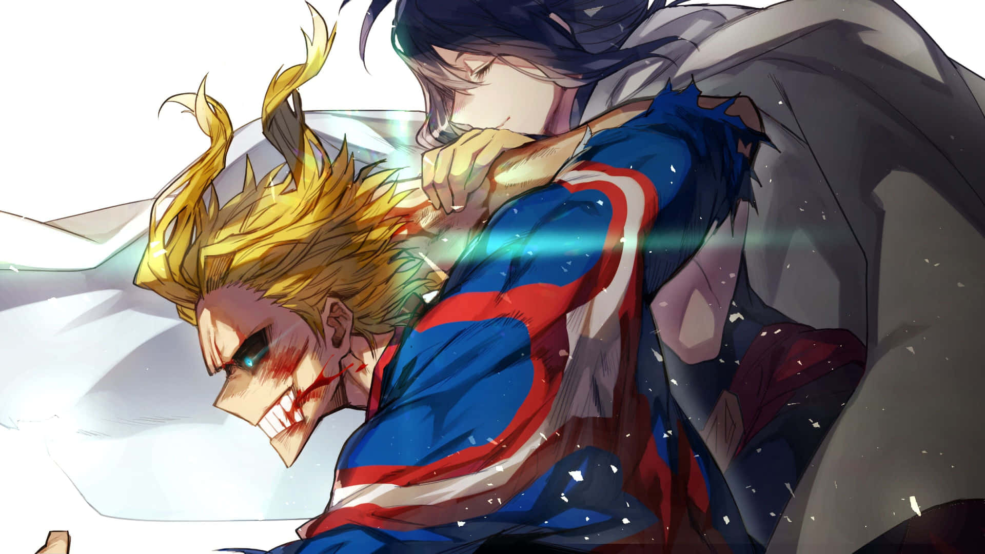 和平的象徵：All Might 動作畫面 壁紙 — 兩個動漫角色以動態戰鬥姿勢，其中一個抓住另一個的肩膀，周圍有發光的能量效果。