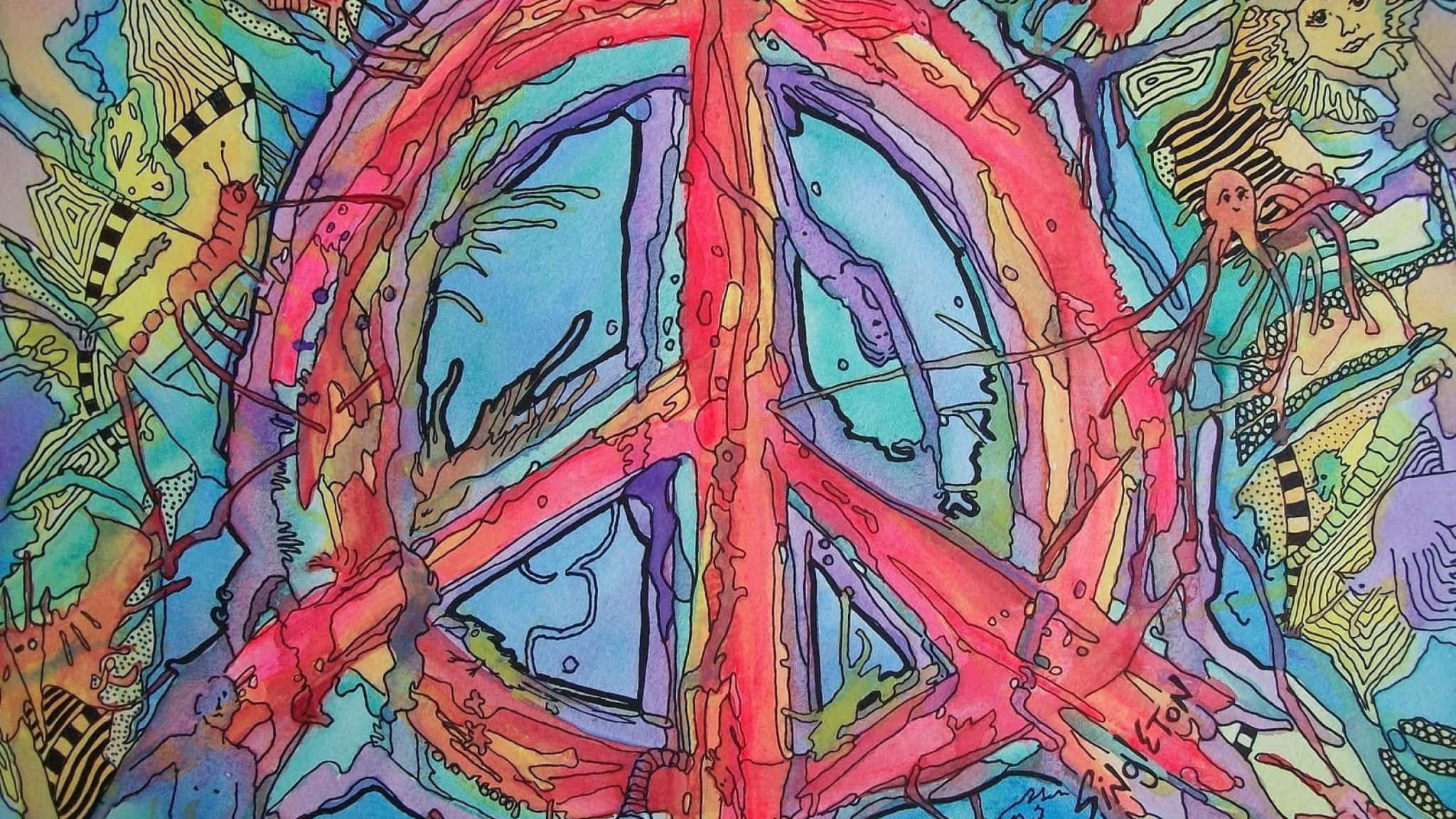 和平符號 復古嬉皮風 壁紙 — 一幅充滿活力的迷幻插圖，展示了一個大型紅色和平標誌，周圍環繞著漩渦圖案和色彩鮮豔的抽象生物。