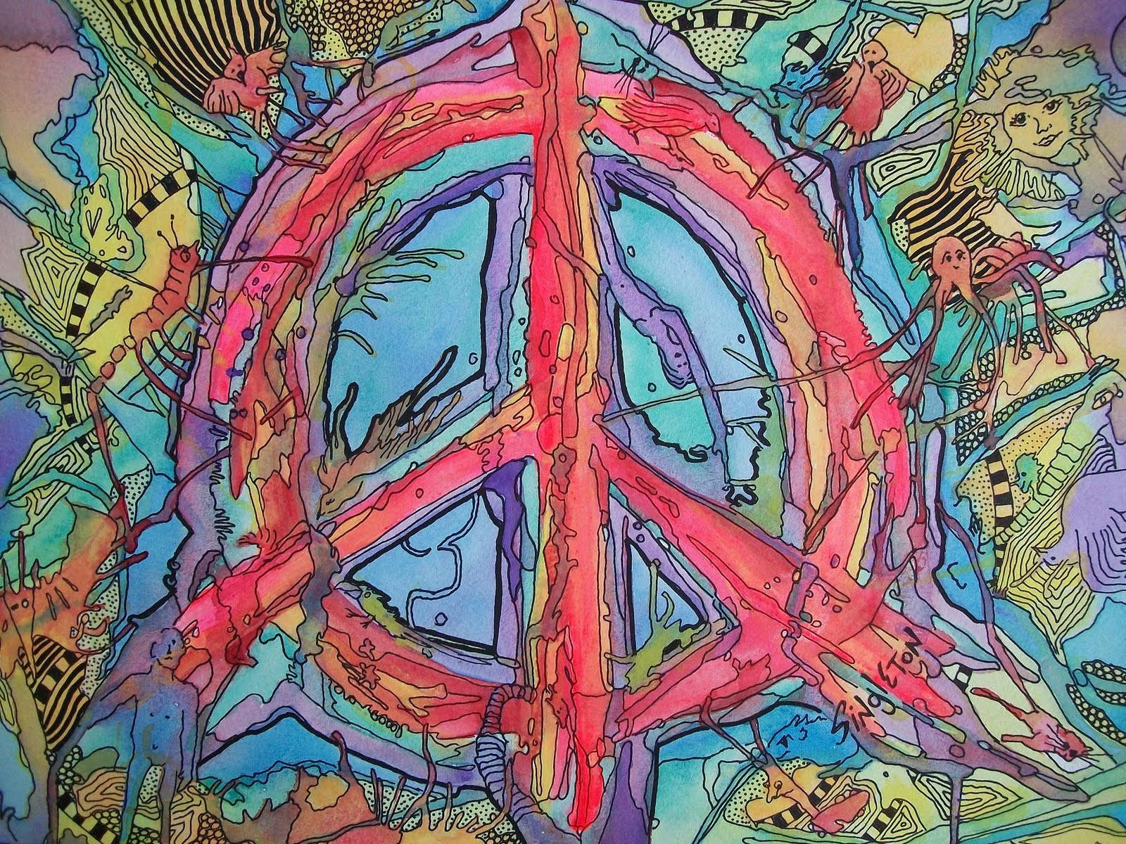 和平符號抽象水彩畫 壁紙 — 一幅充滿活力的迷幻插圖，中央有一個和平標誌，周圍環繞著抽象圖案和奇異生物，色彩大膽。