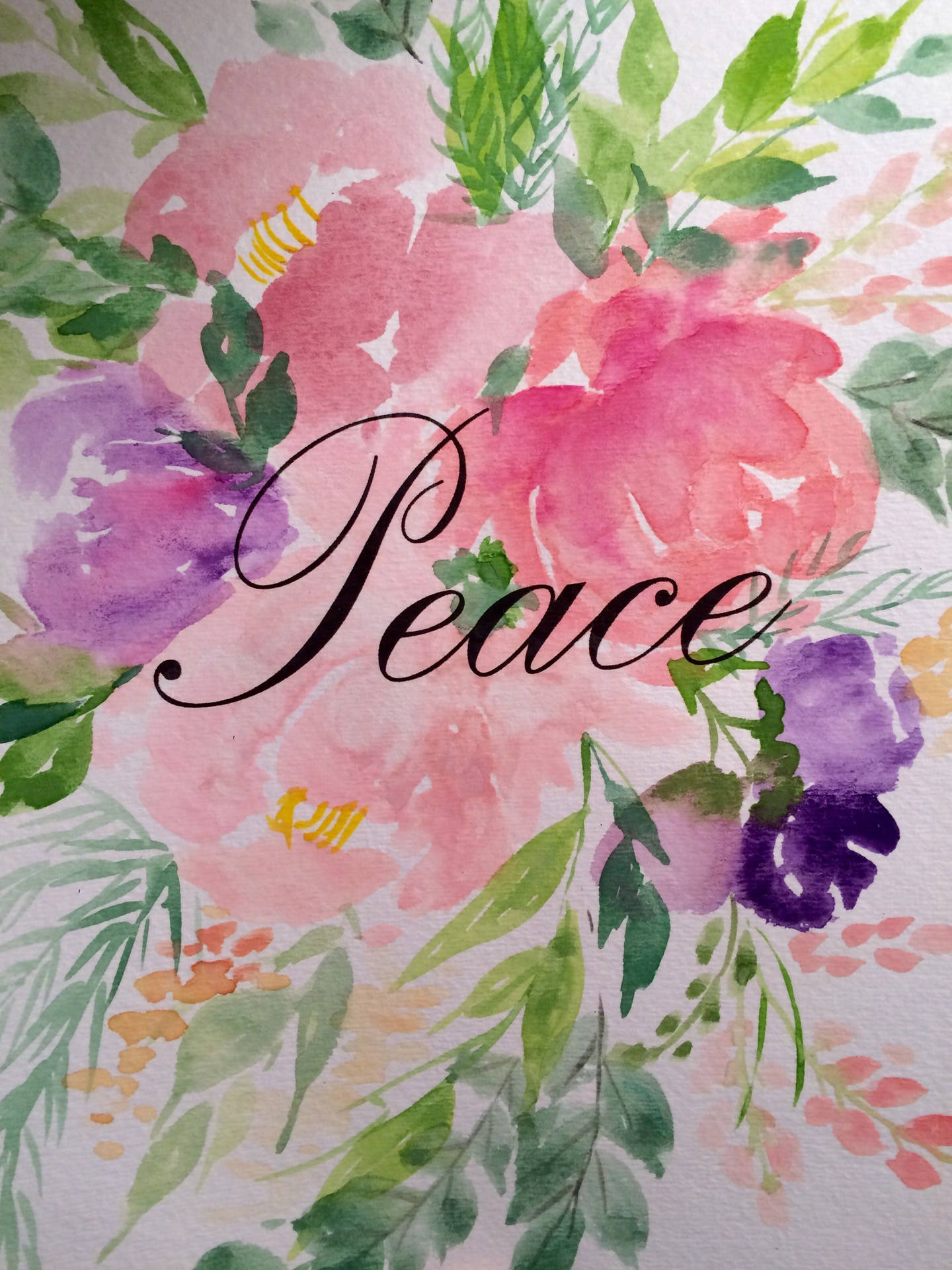 水彩花卉與優雅字體的「Peace」一詞。