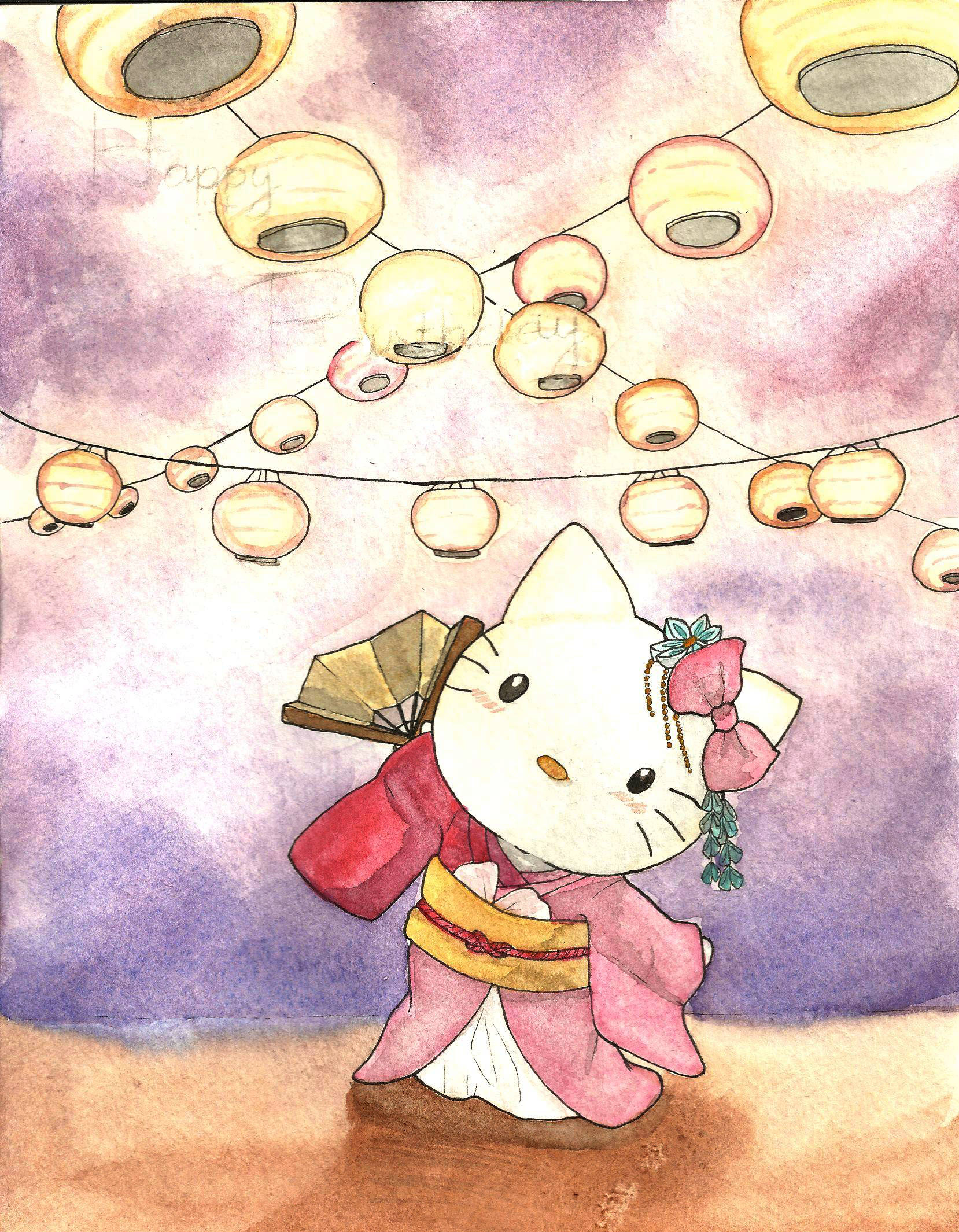 和服Hello Kitty水彩插畫頭像 壁紙 — Hello Kitty 身穿粉紅色和服，在紫色暮色天空下，於發光的紙燈籠下拿著扇子。