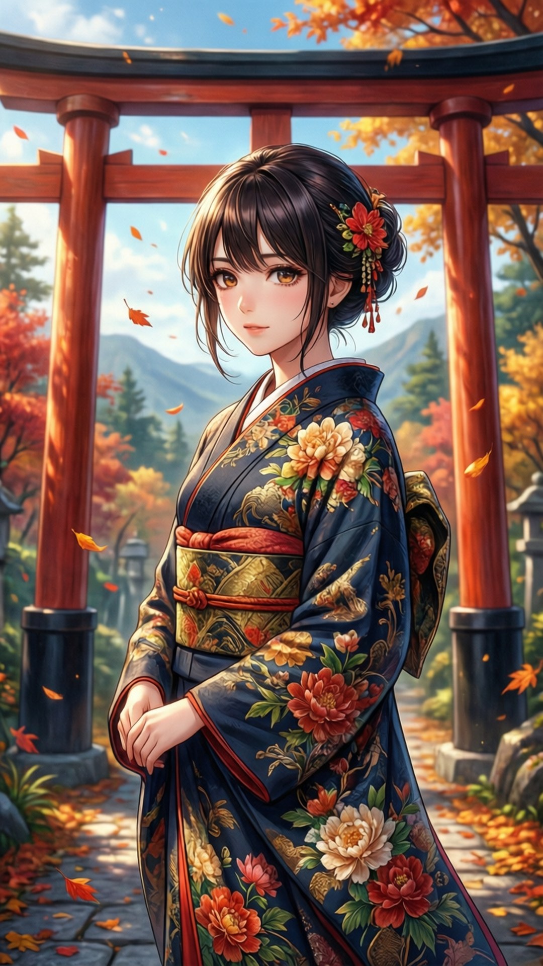 和服Miku秋季 壁紙 — 一位身穿花卉和服的年輕女子站在紅色鳥居下，秋葉在山間森林中圍繞她旋轉。