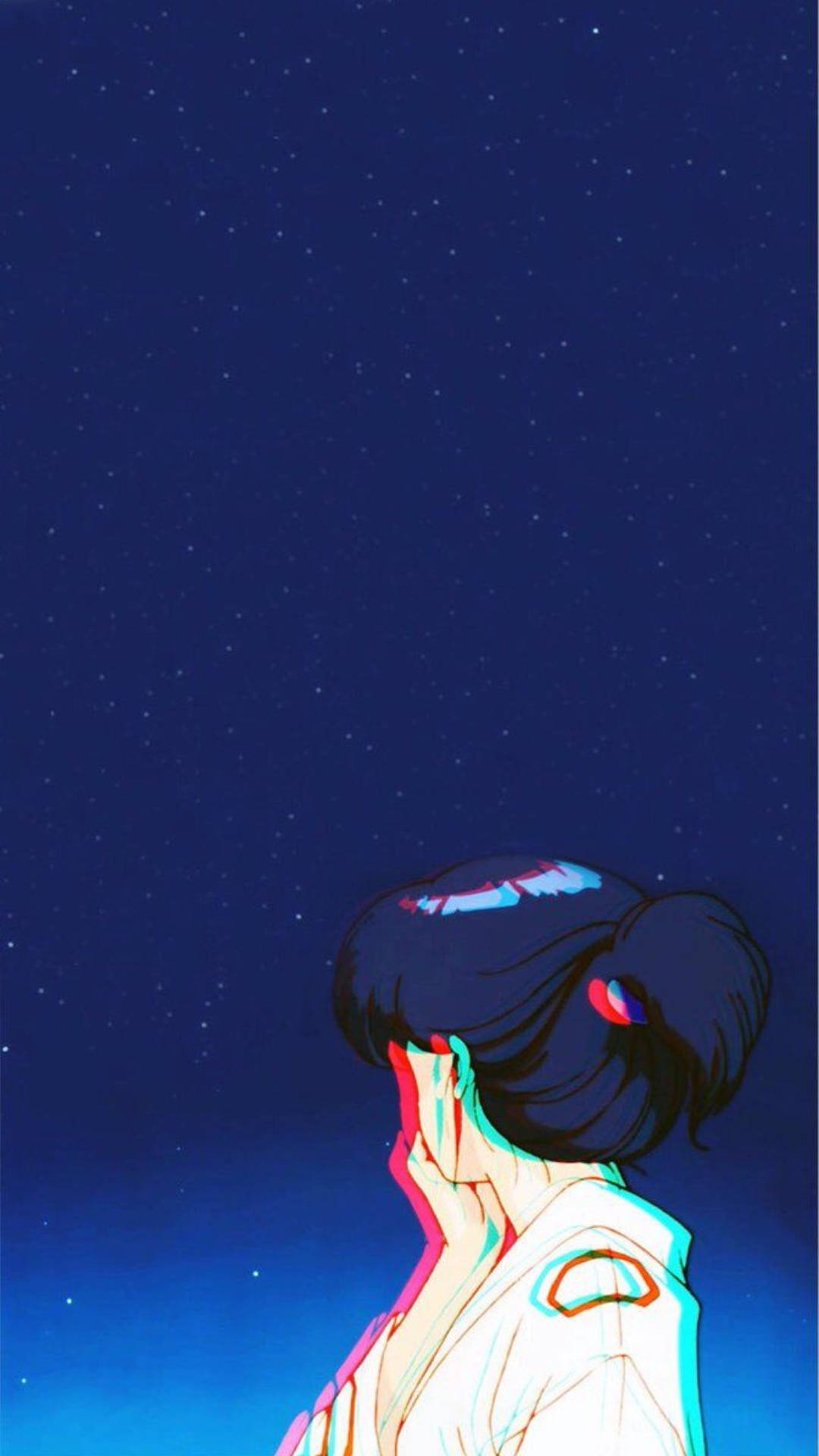 動漫女孩仰望星星，帶有彩色故障效果