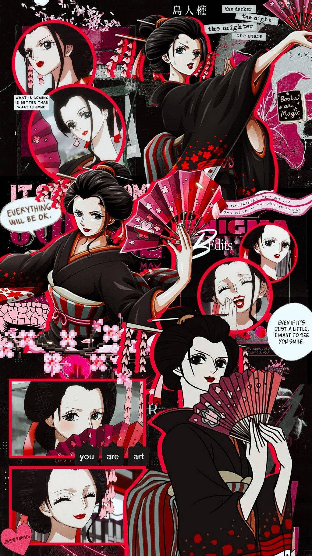和服妮可·羅賓《海賊王》美學 壁紙 — 充滿活力的動漫拼貼畫，以黑色和粉紅色的藝妓肖像為特色，帶有文字疊加和扇子圖案。