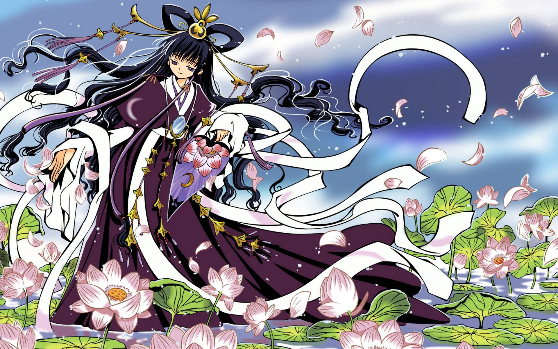 暮色天空下，紫衣和服動漫女孩被蓮花環繞。