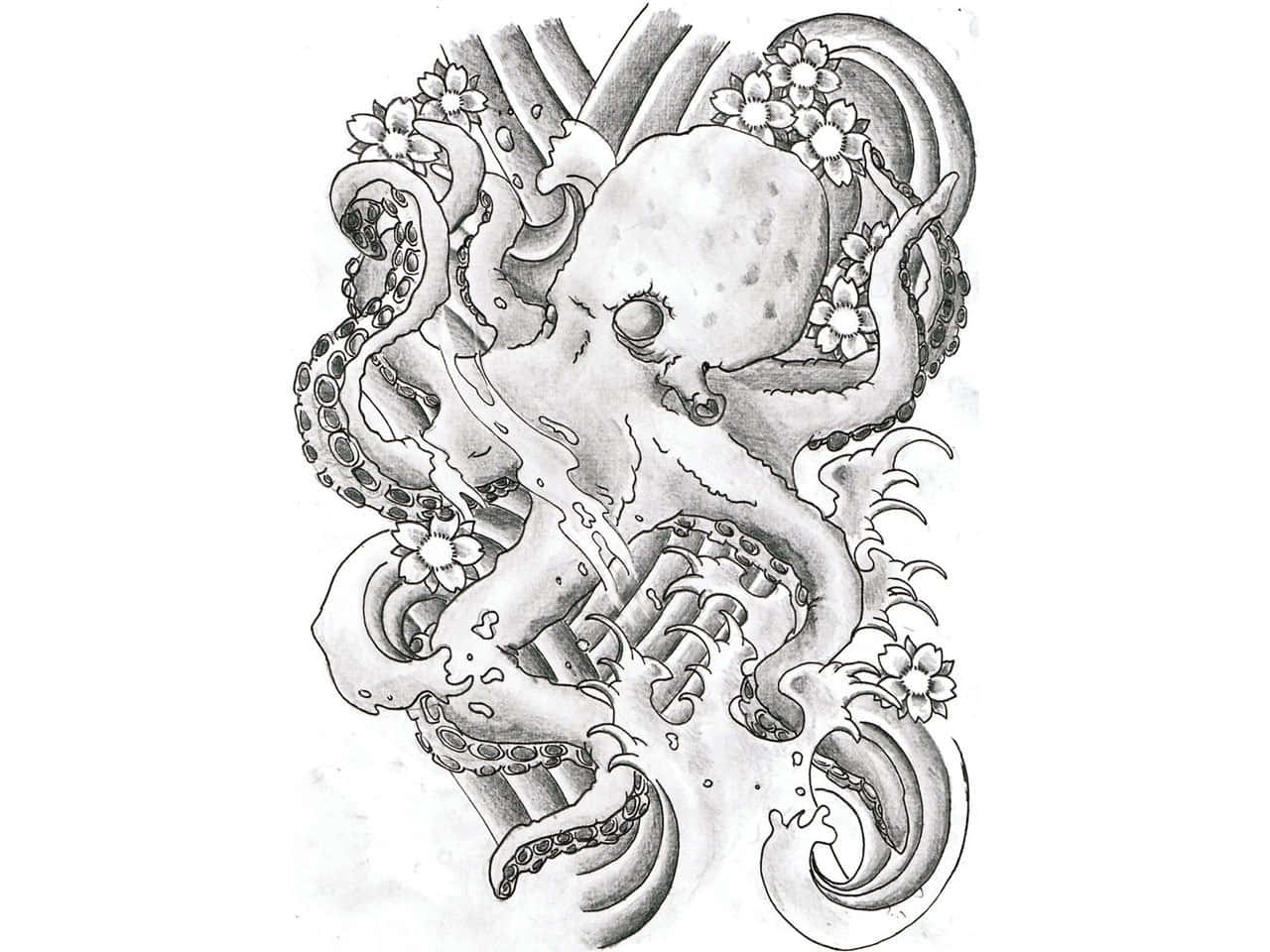 和服藝伎展現日本紋身藝術 壁紙 — 一幅詳細的黑白插圖，描繪一隻帶有花卉裝飾的章魚在動態水流中旋轉。