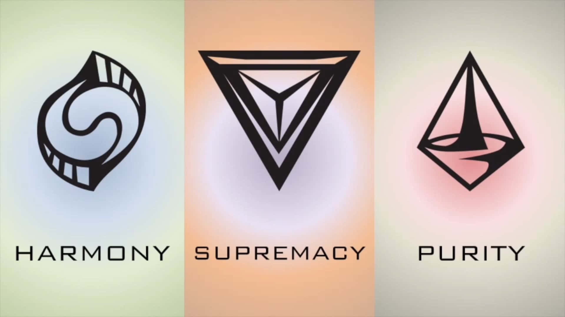 和諧 1920x1080 文明：地球以外 壁紙 — 三個極簡黑色標誌，上面寫著 harmony supremacy purity，背景為柔和色調。