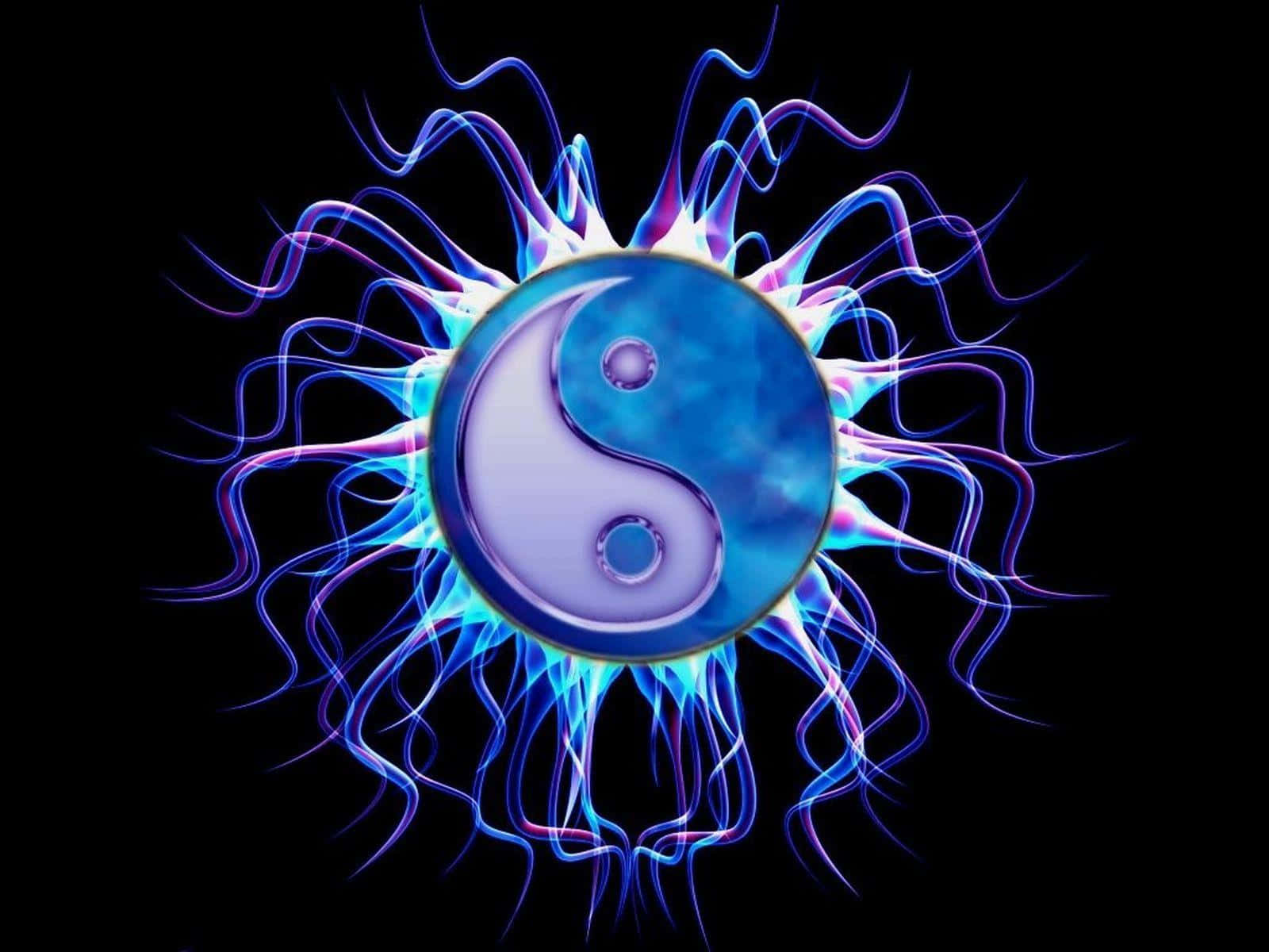 發光的藍色陰陽符號，在黑色背景上帶有電光能量爆發。