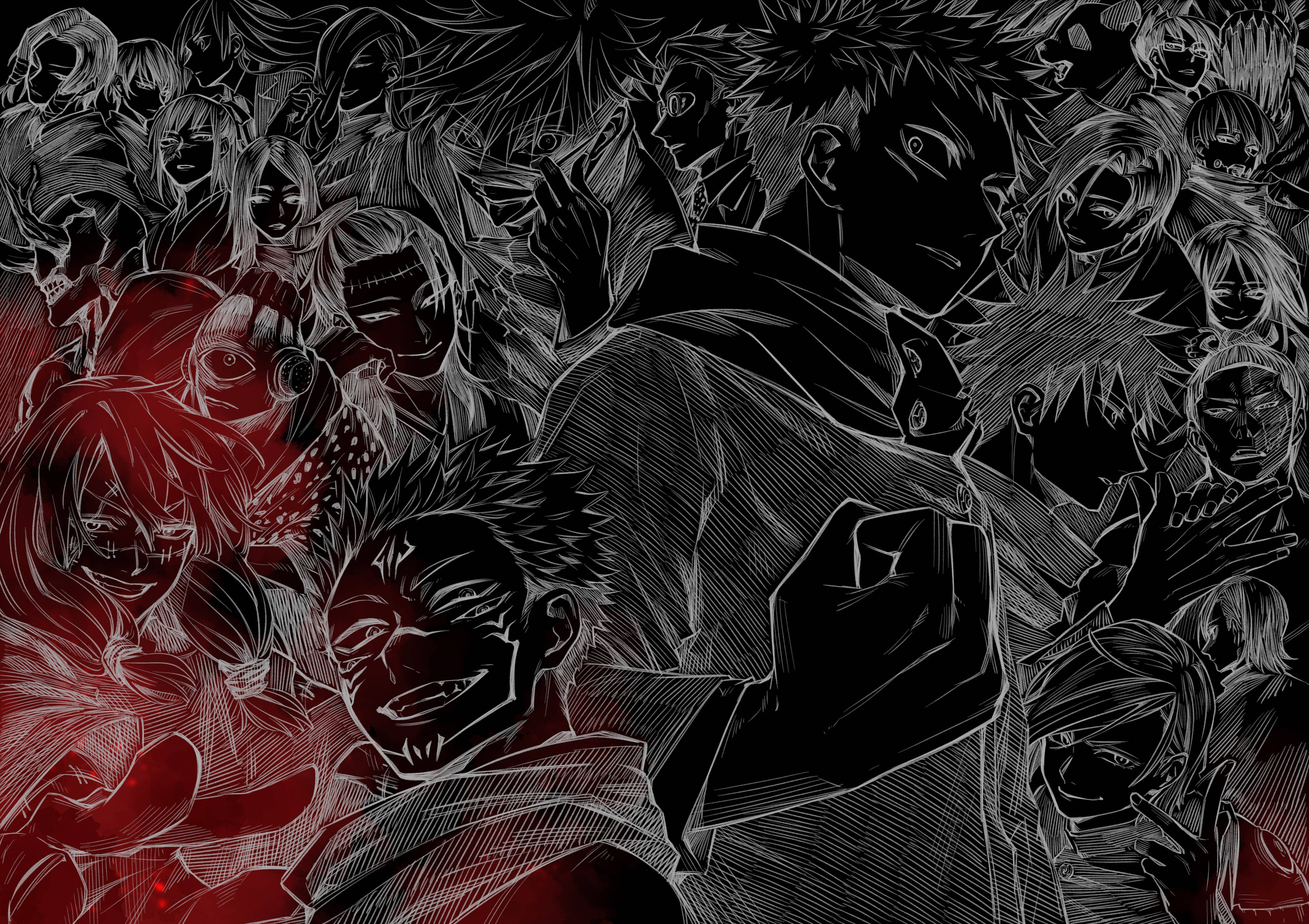 咒術迴戰 4K 動畫角色群像 壁紙 — 一幅充滿動感的動漫插圖，描繪一個中心角色被一群威脅性的人物包圍，採用 stark 的黑白對比和鮮明的紅色點綴。