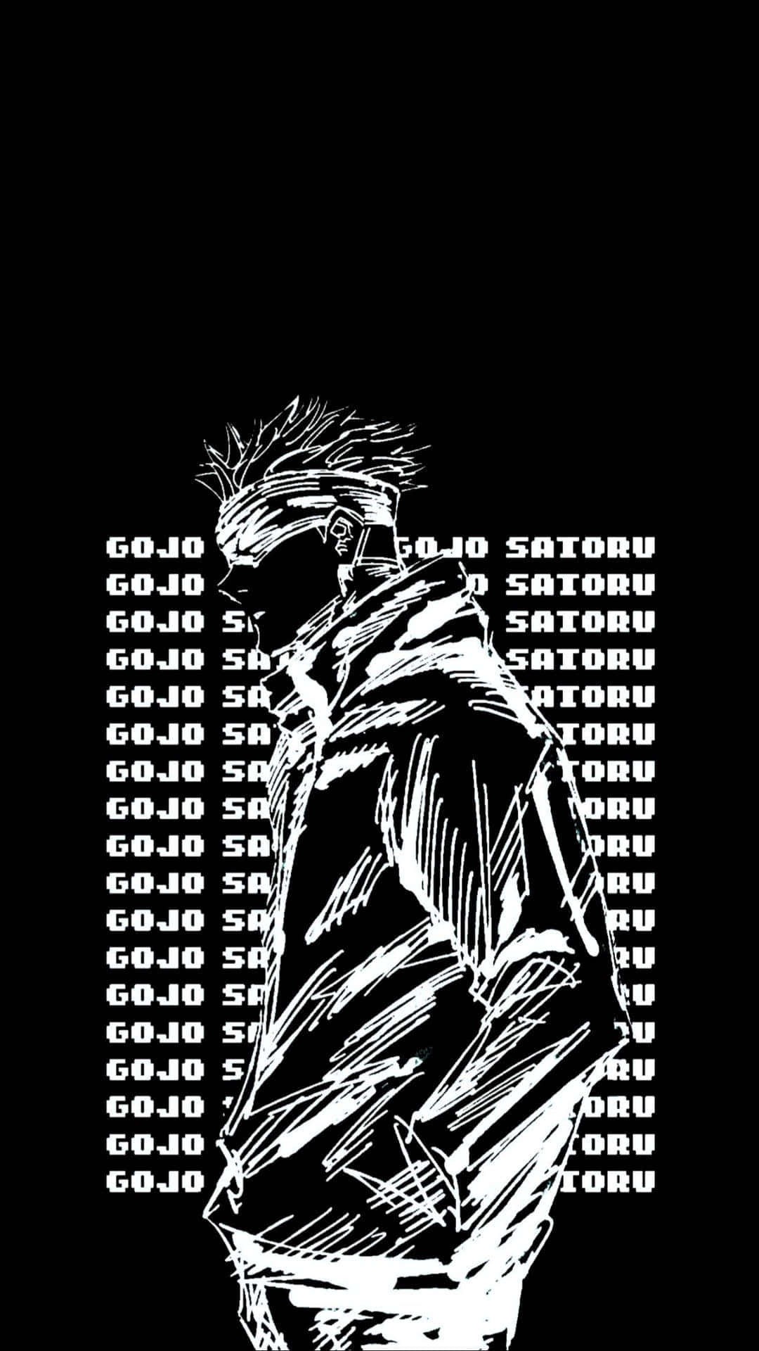 《咒術迴戰》Gojo 黑暗美學 壁紙 — 一個大膽的黑白動漫角色剪影，帶有尖刺頭髮和重複文字疊加在純黑色背景上。