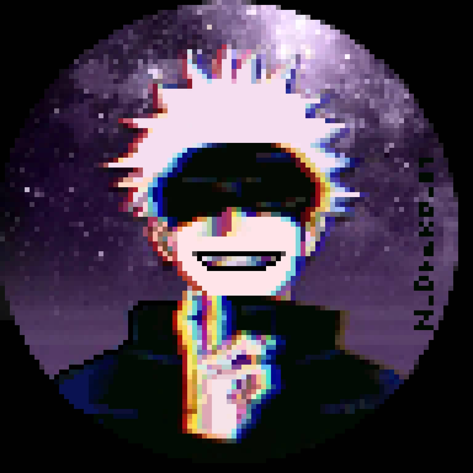 《咒術迴戰》五條悟動畫風 TikTok 壁紙 — 像素藝術動漫角色，白色尖刺頭髮和黑色眼罩，在星光點點的紫色宇宙背景下微笑。
