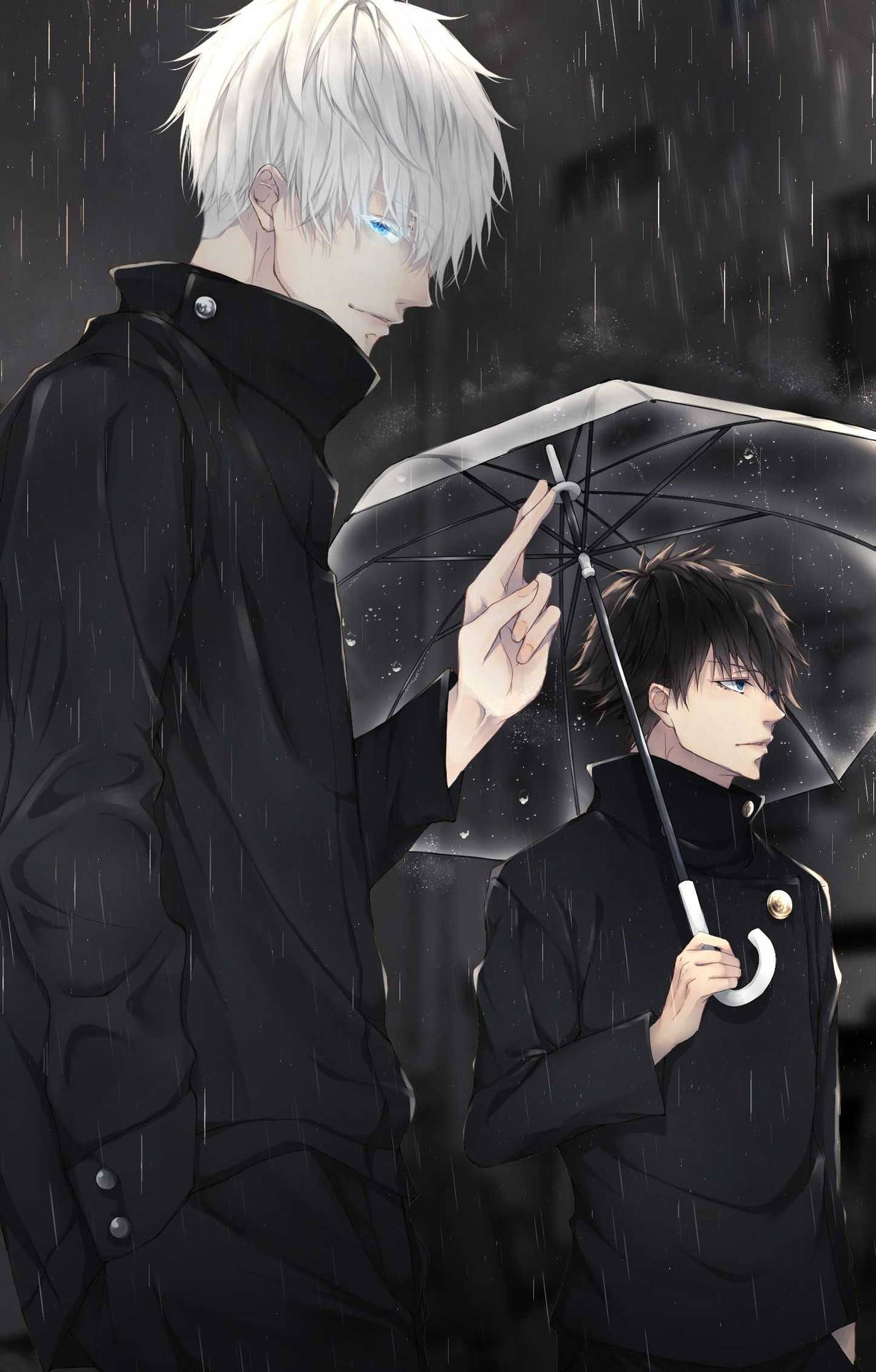 兩個穿著黑色外套的動漫男孩在雨中，一個撐著傘，用發光的藍色眼睛保護另一個。