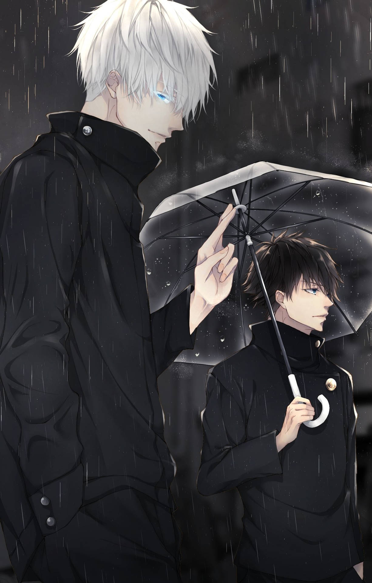 兩個穿著黑色外套的動漫男孩在大雨中共享一把傘，一個白髮藍眼發光。
